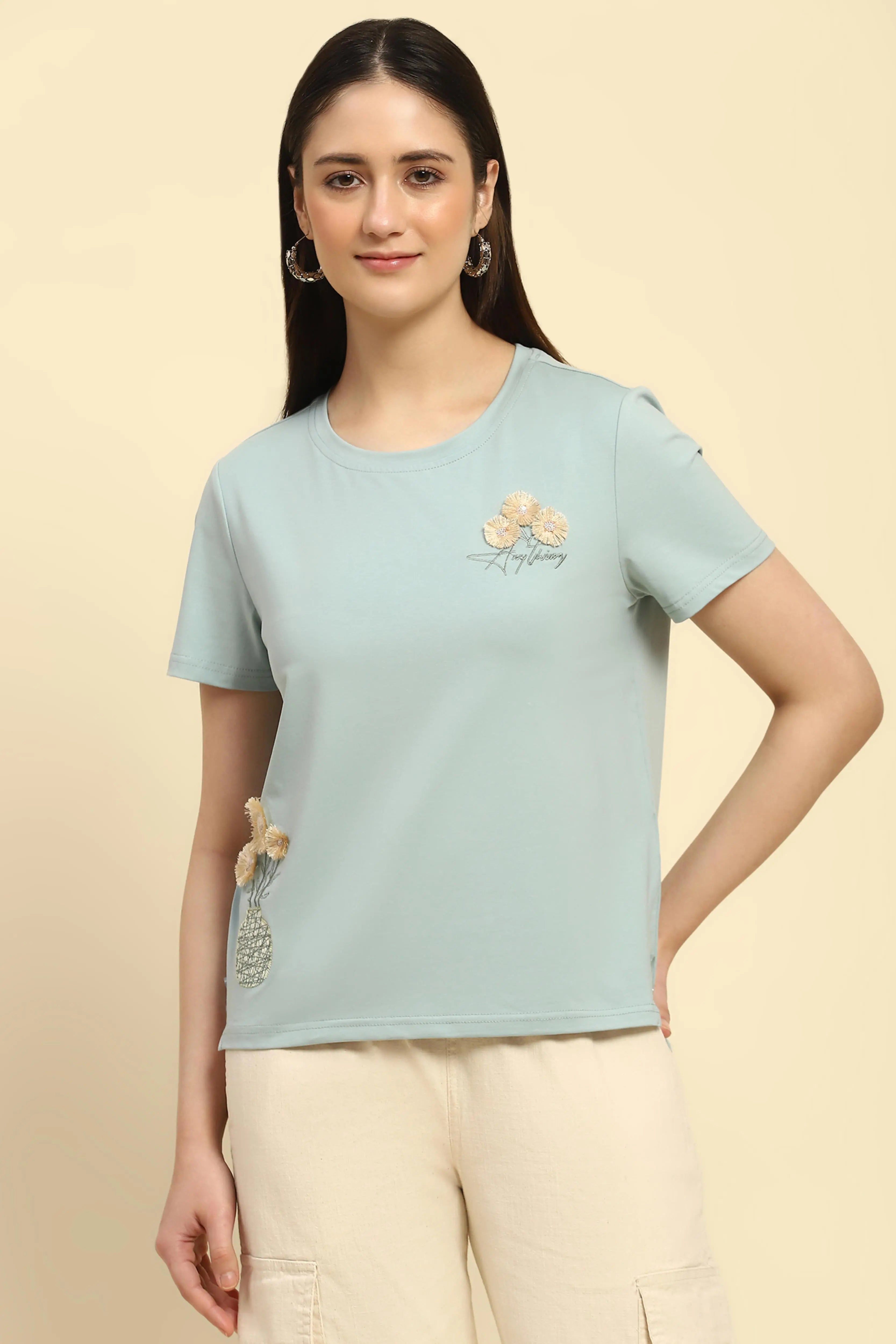 Dusty Blue Embroidered Cotton Top - Global Republic
