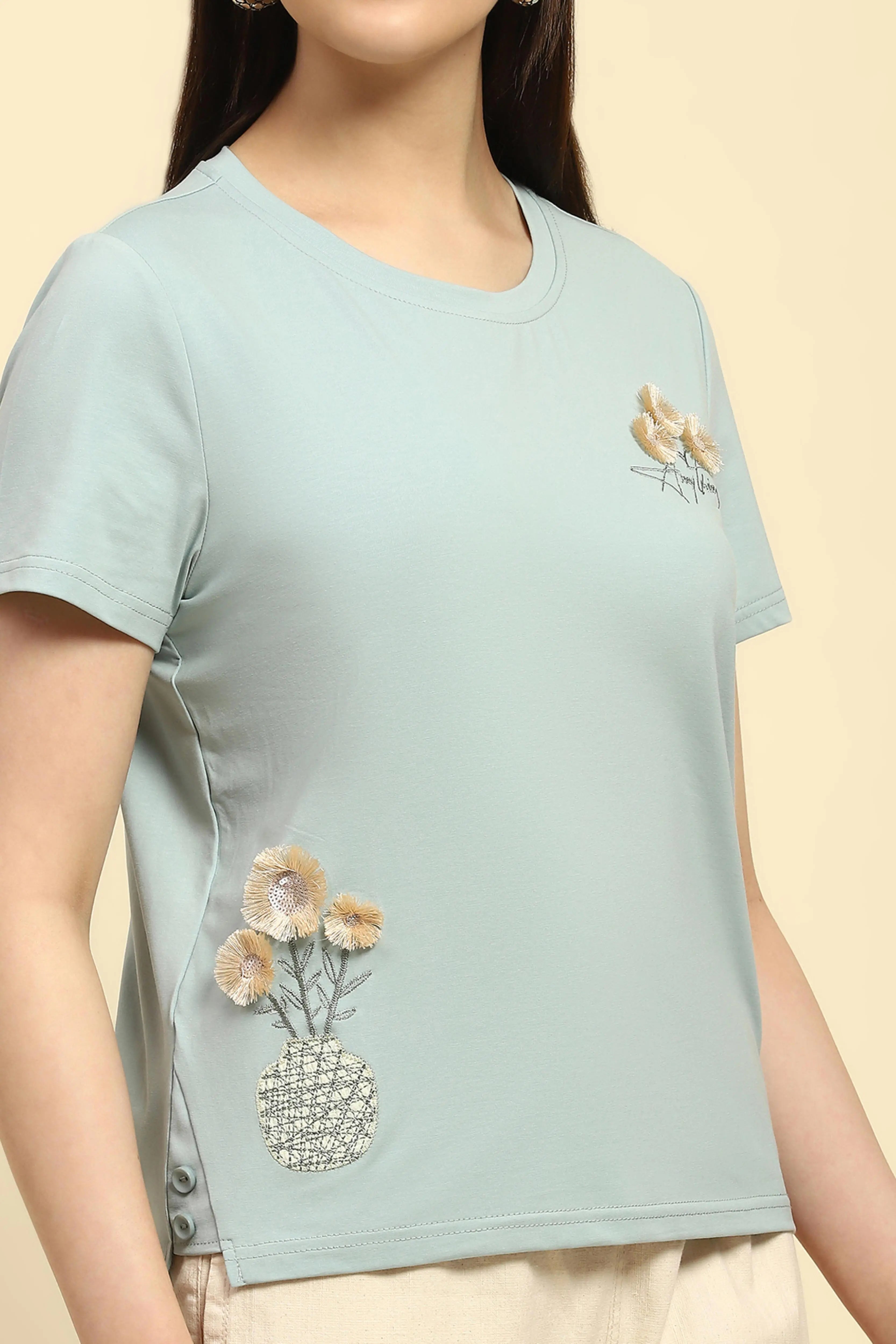 Dusty Blue Embroidered Cotton Top - Global Republic