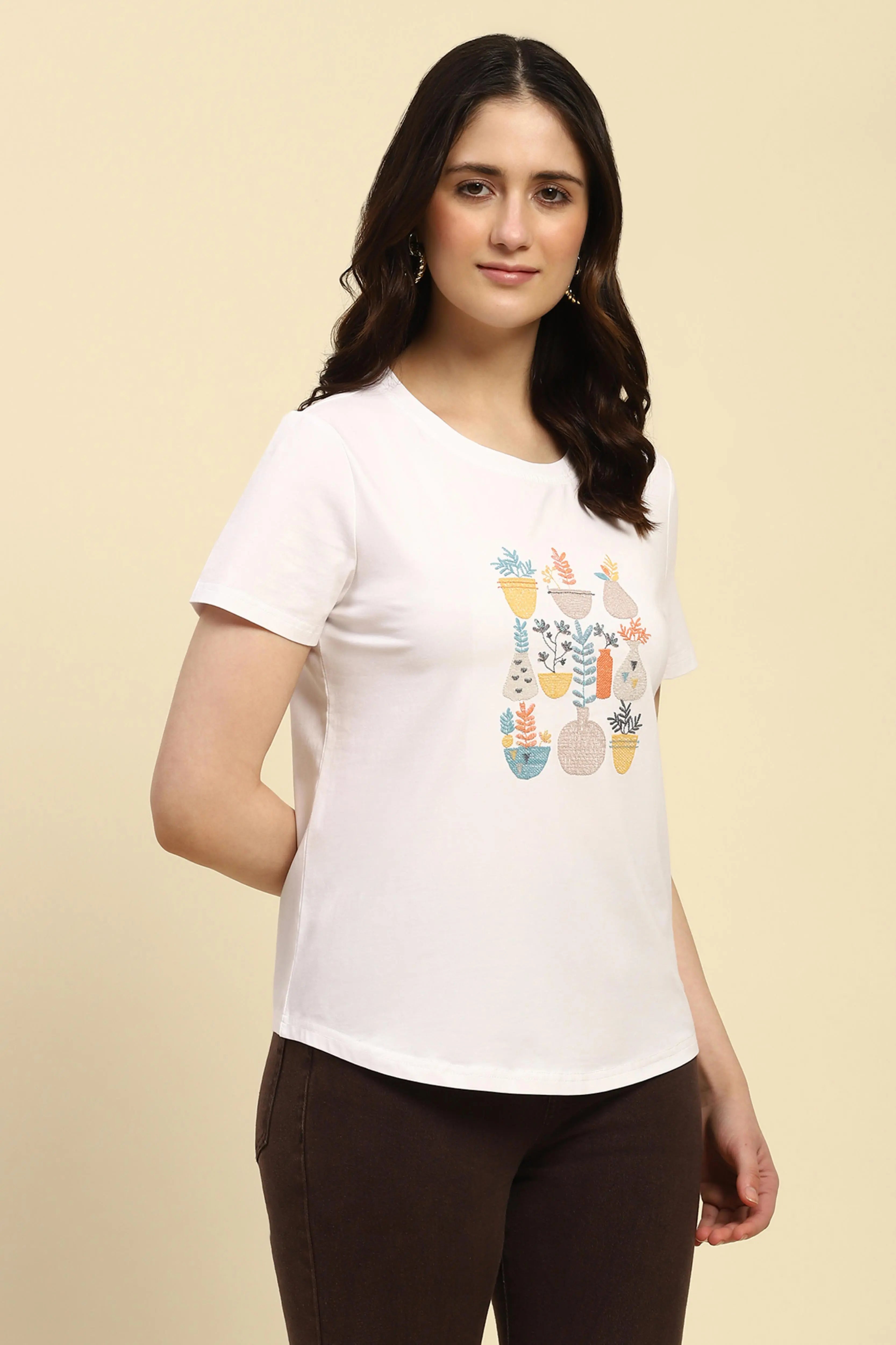 White Embroidered Round Neck Top - Global Republic