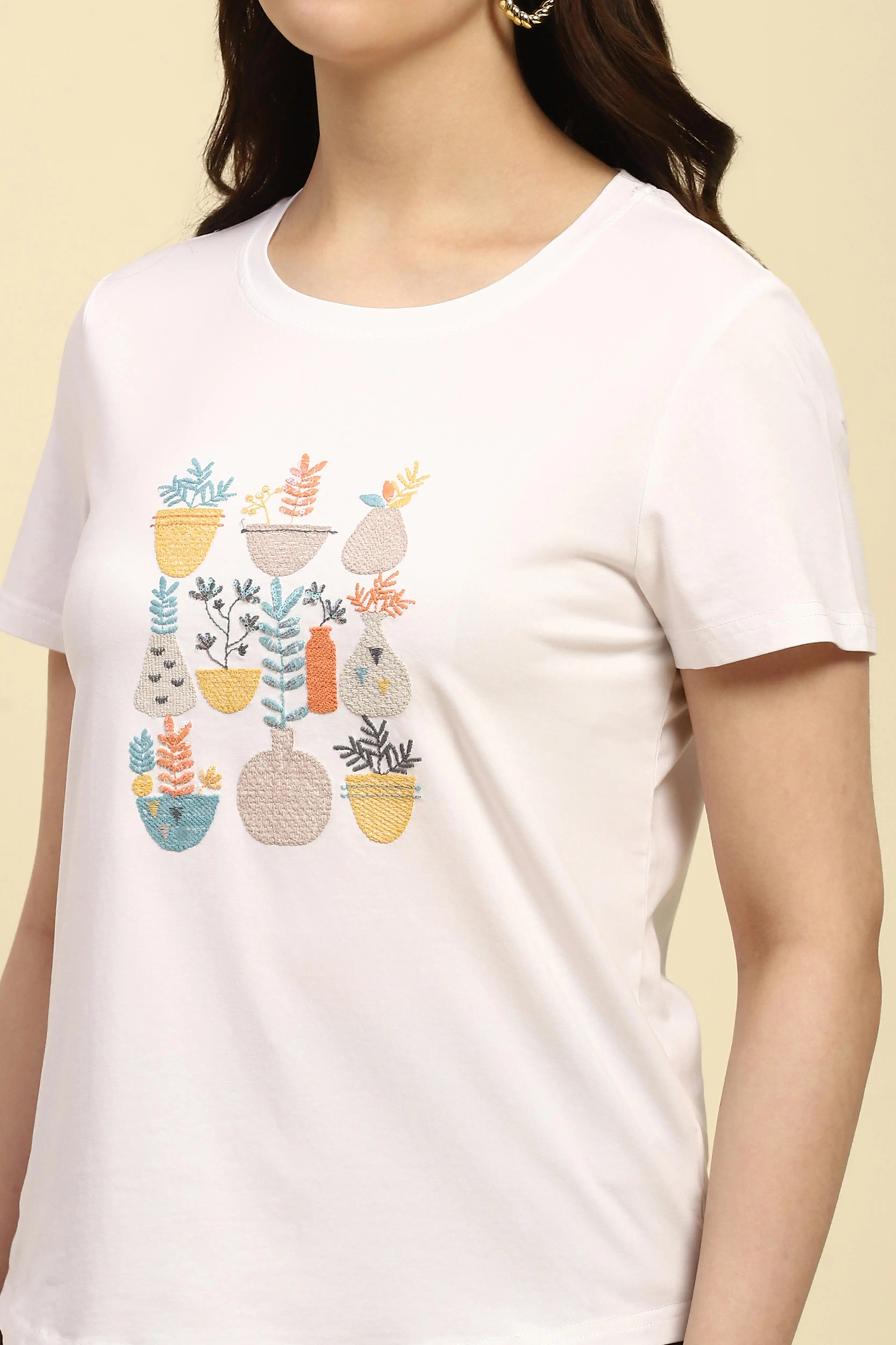 White Embroidered Round Neck Top - Global Republic