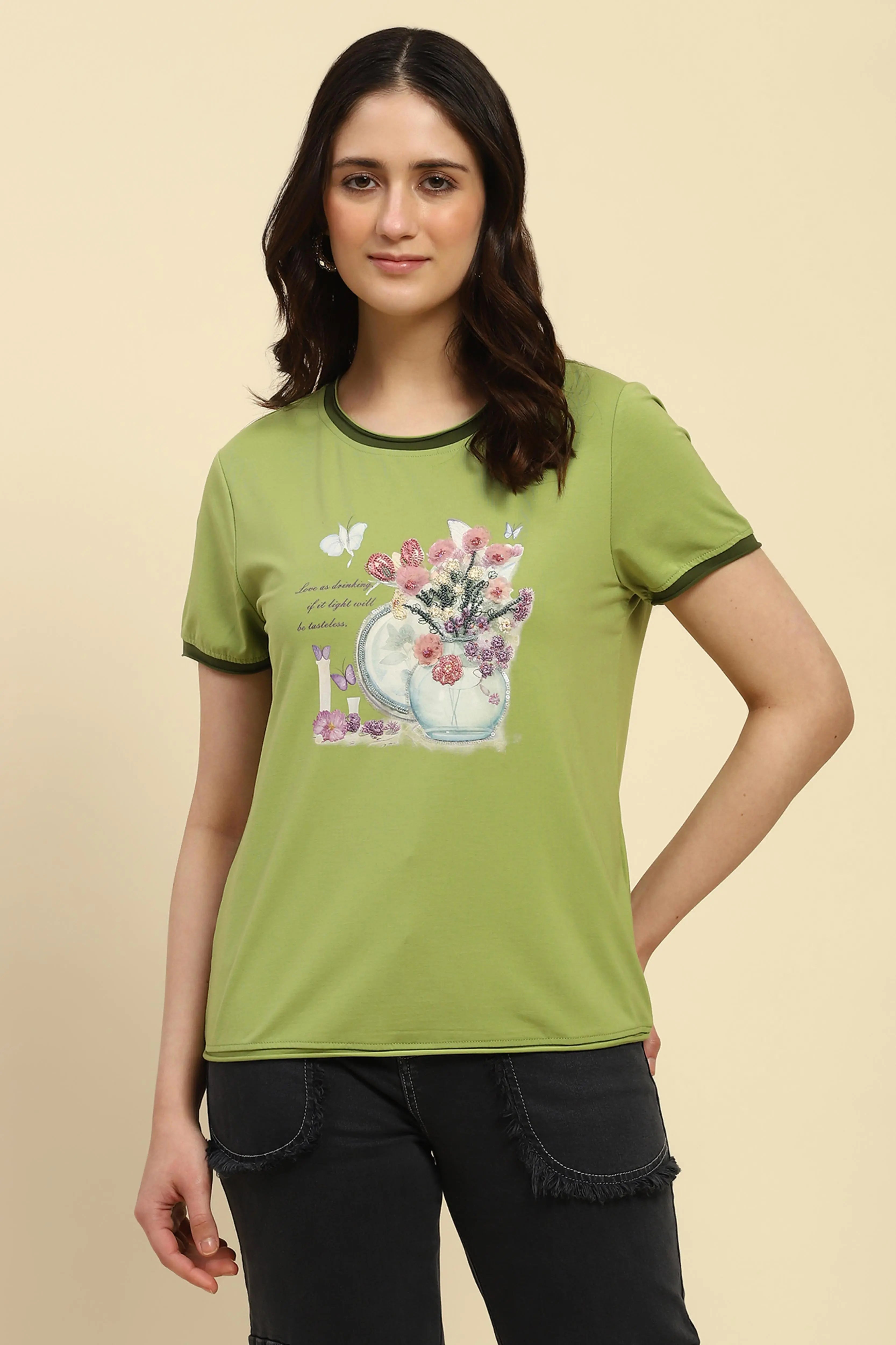 Green Embroidered Modal Blend Top - Global Republic