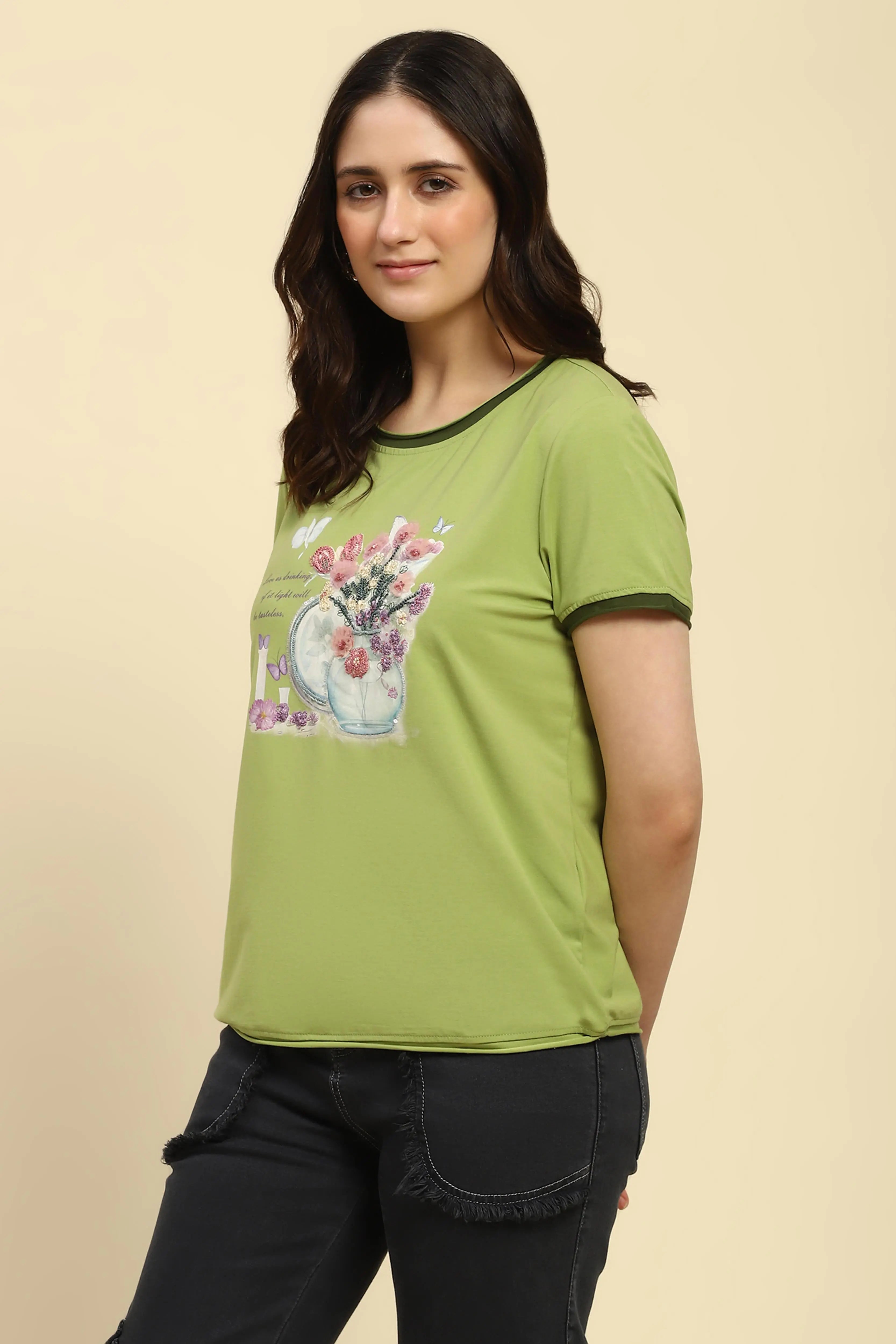 Green Embroidered Modal Blend Top - Global Republic
