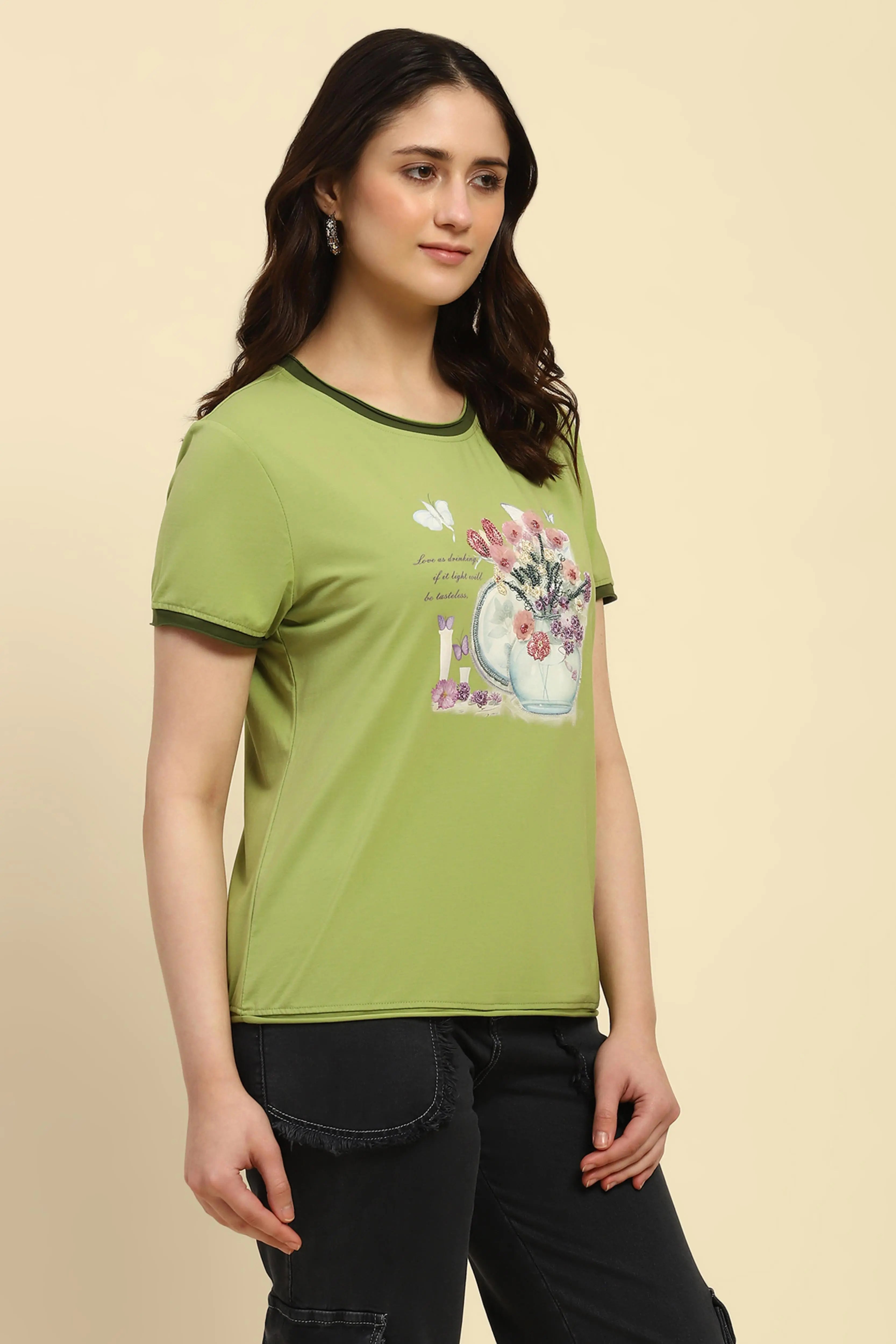 Green Embroidered Modal Blend Top - Global Republic