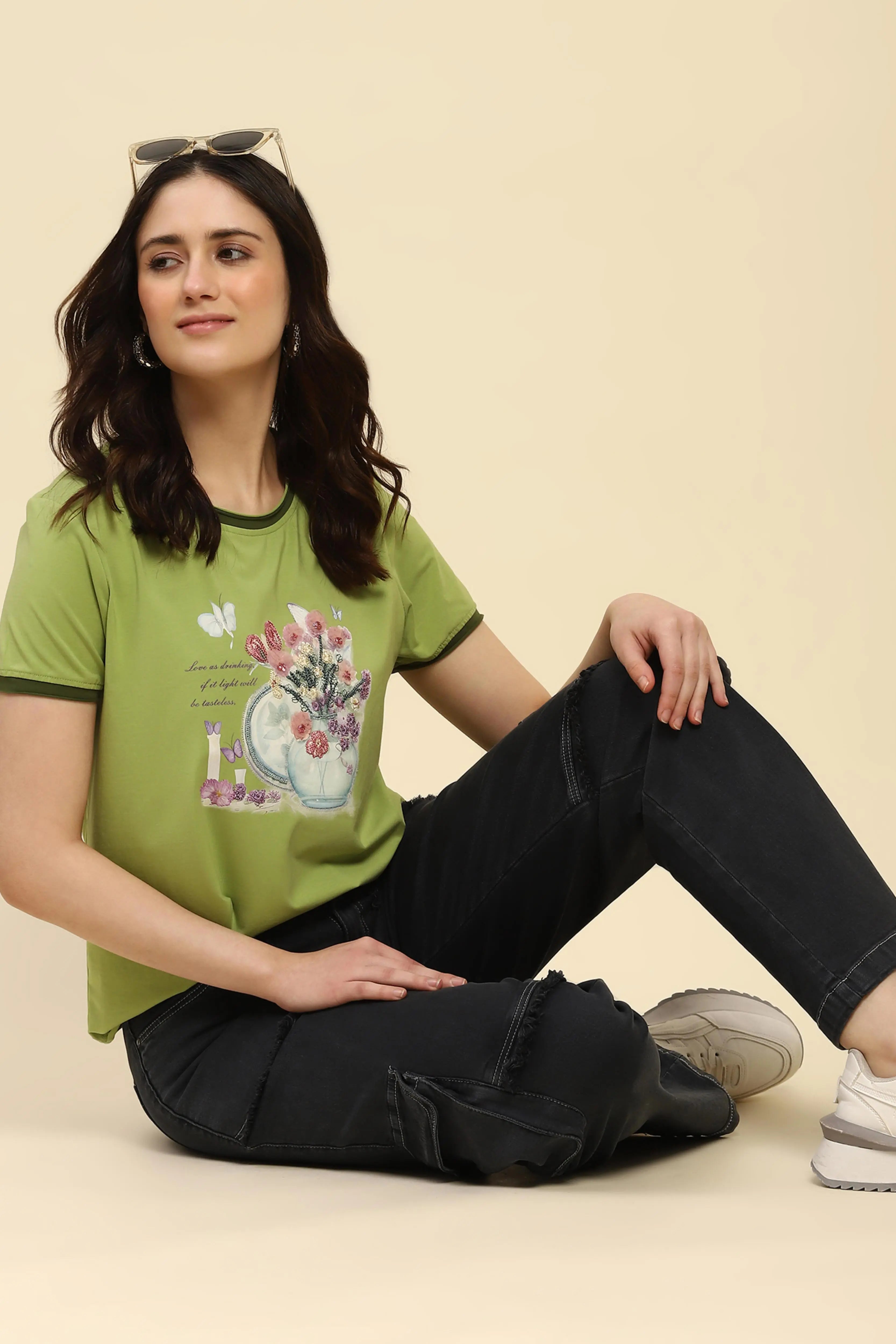 Green Embroidered Modal Blend Top - Global Republic