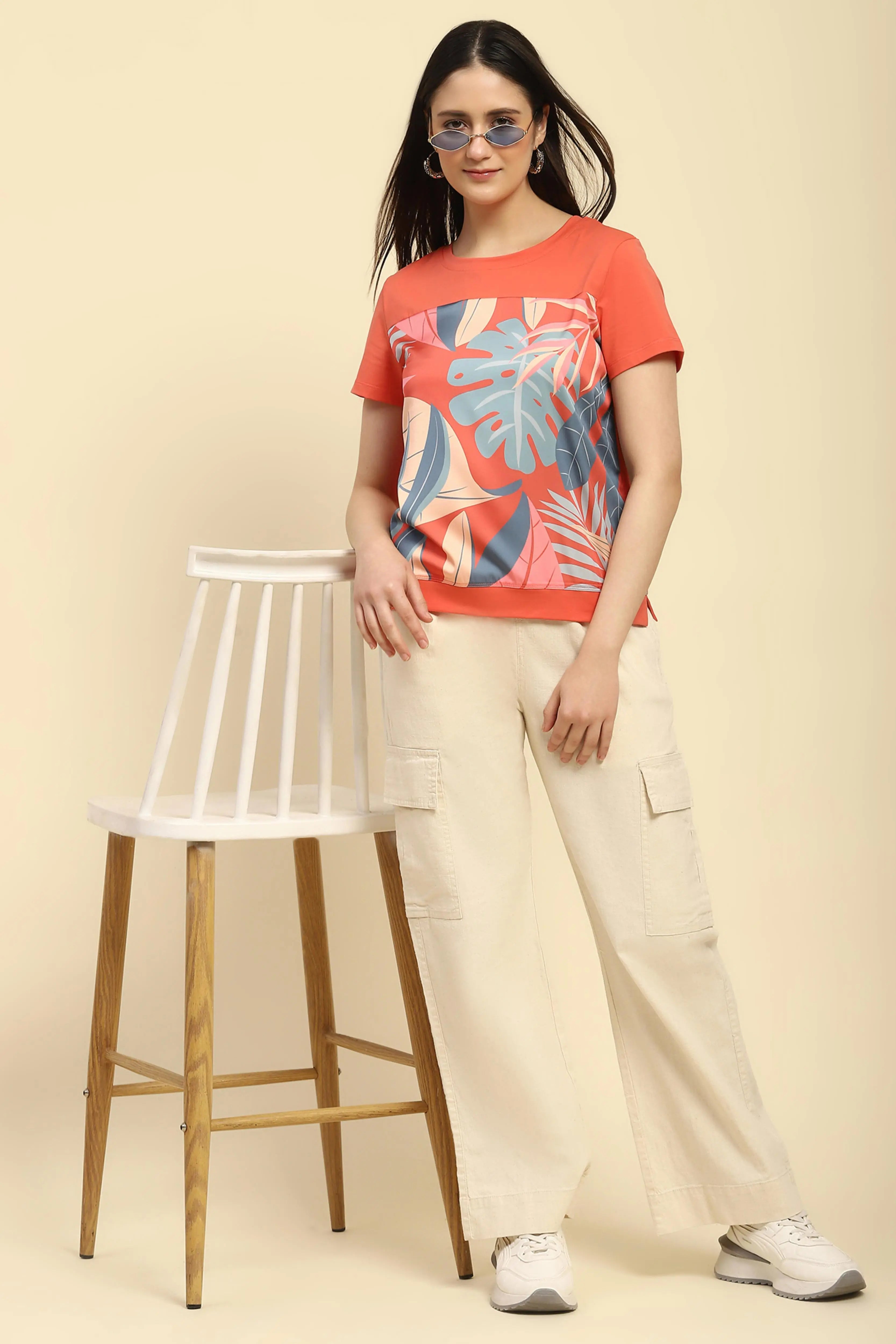Orange Graphic Cotton Blend Top - Global Republic