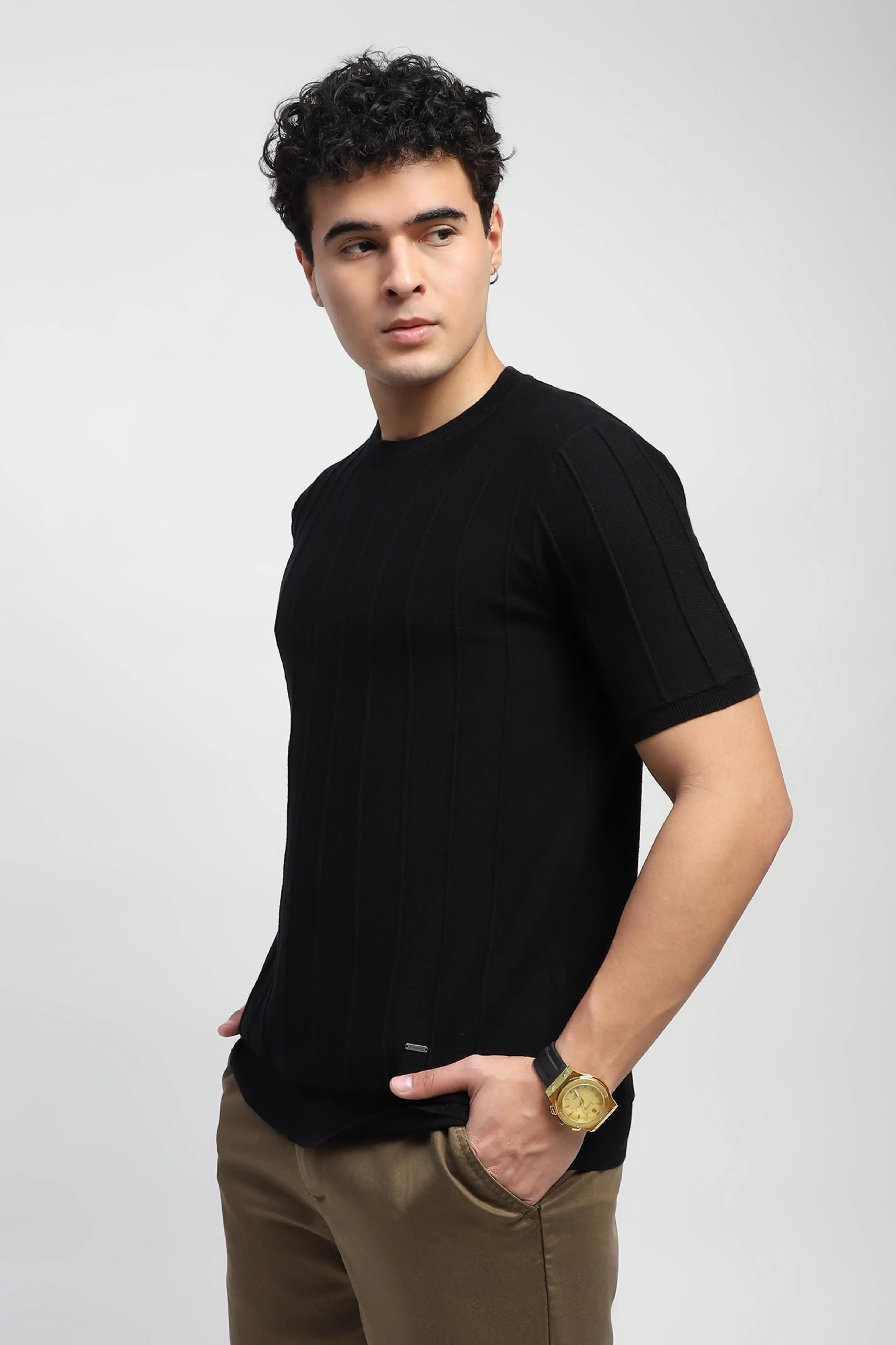 Knitted Self Striped Cotton T-Shirt - Global Republic