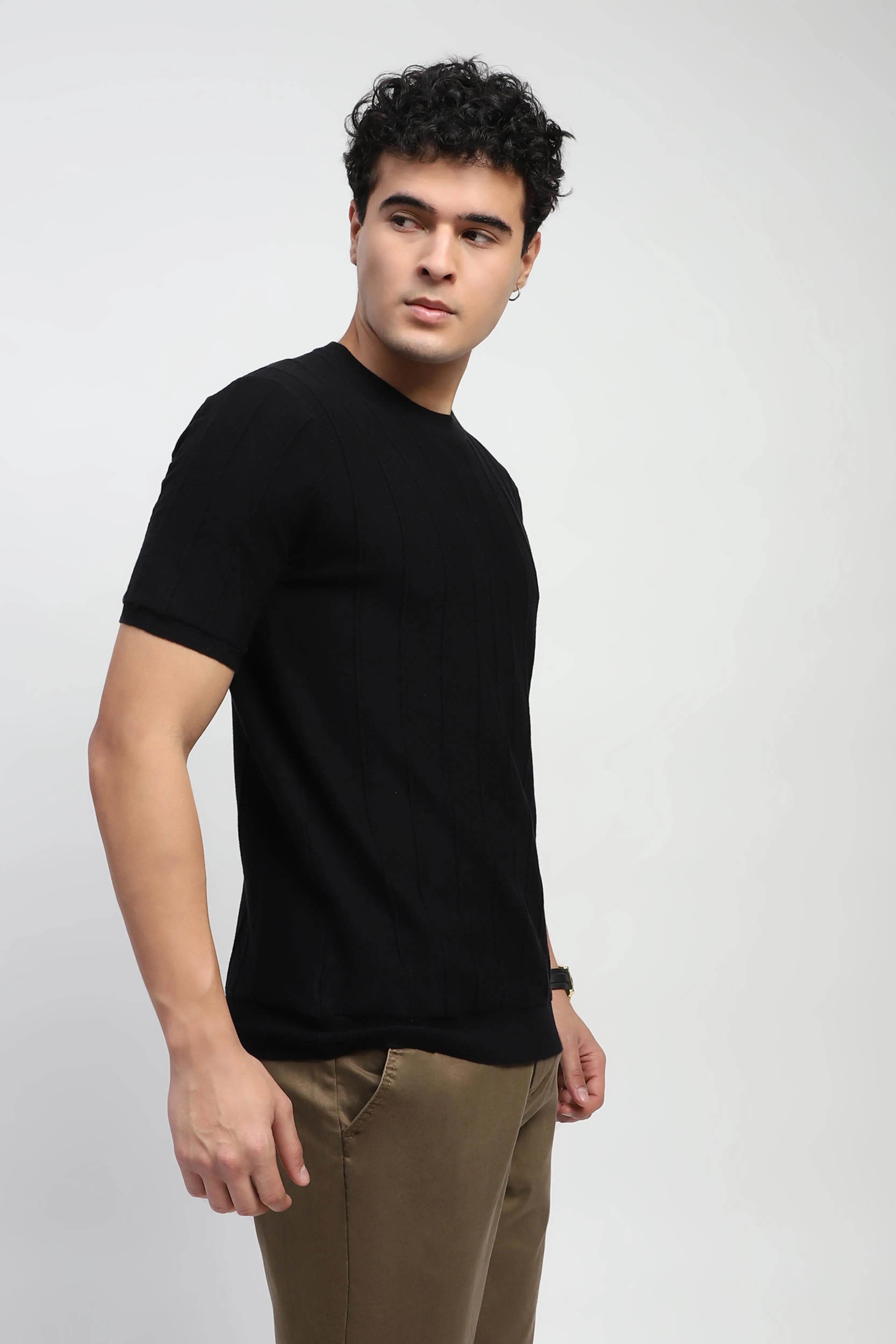 Knitted Self Striped Cotton T-Shirt - Global Republic