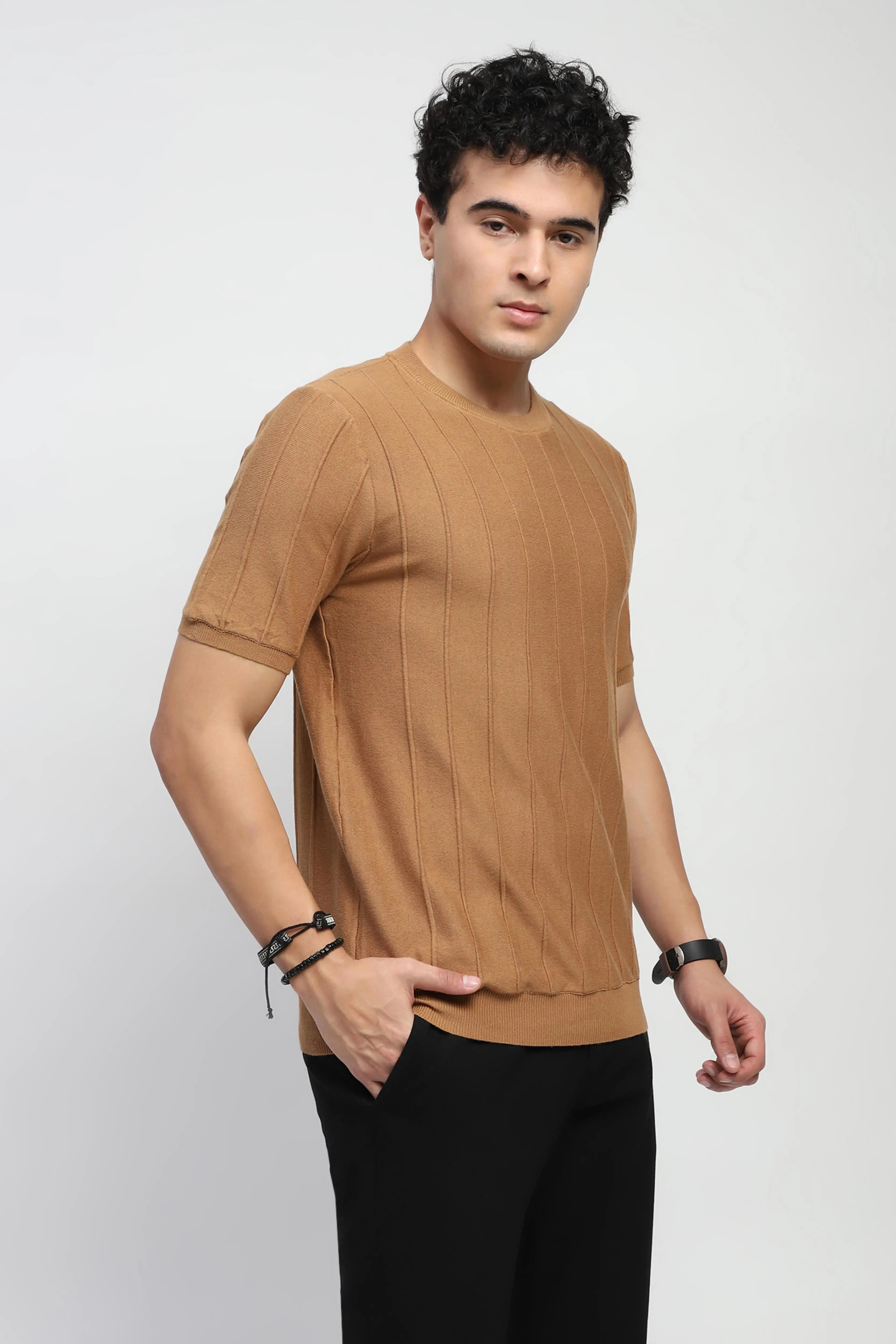 Brown Knitted Textured T-Shirt - Global Republic