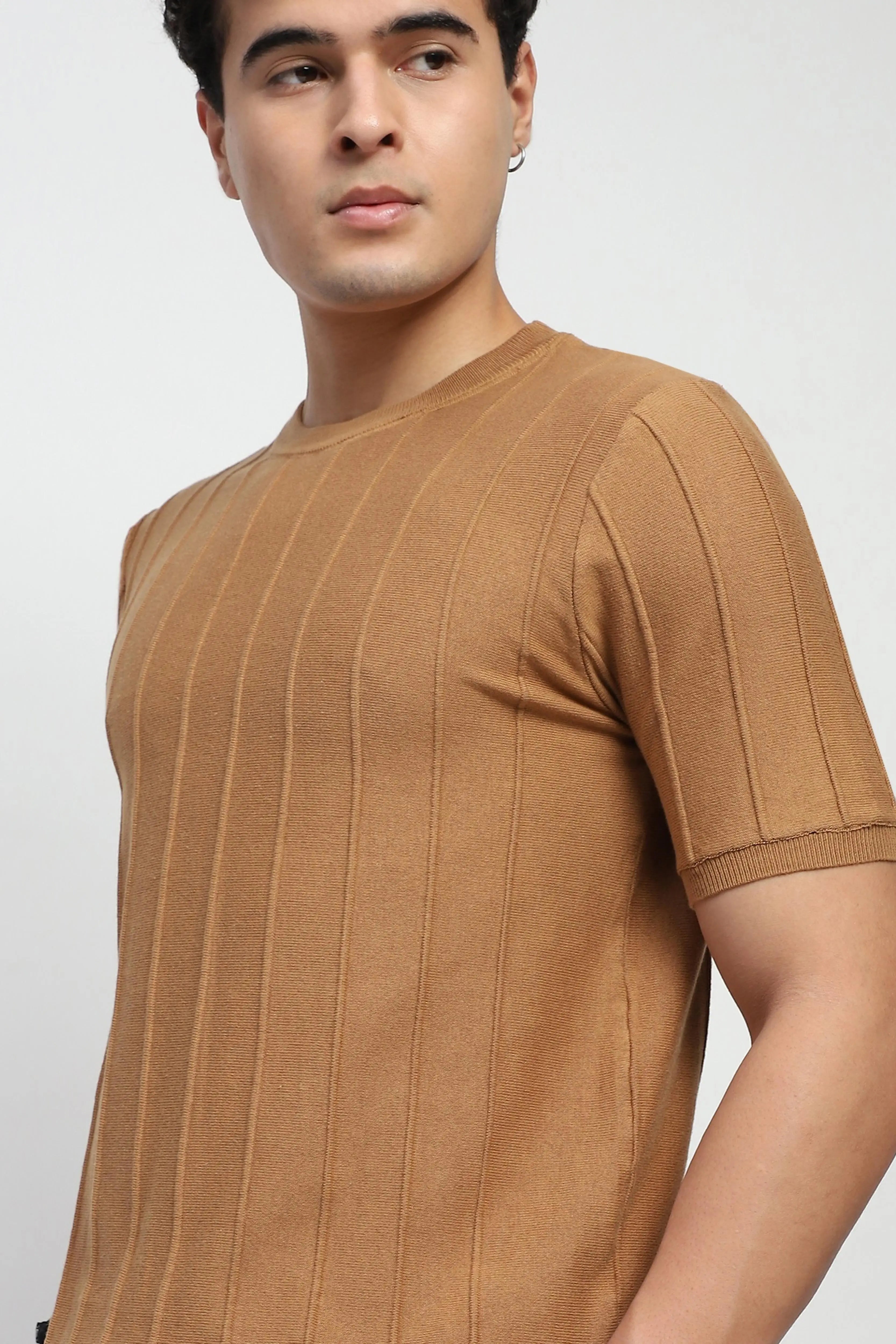 Brown Knitted Textured T-Shirt - Global Republic