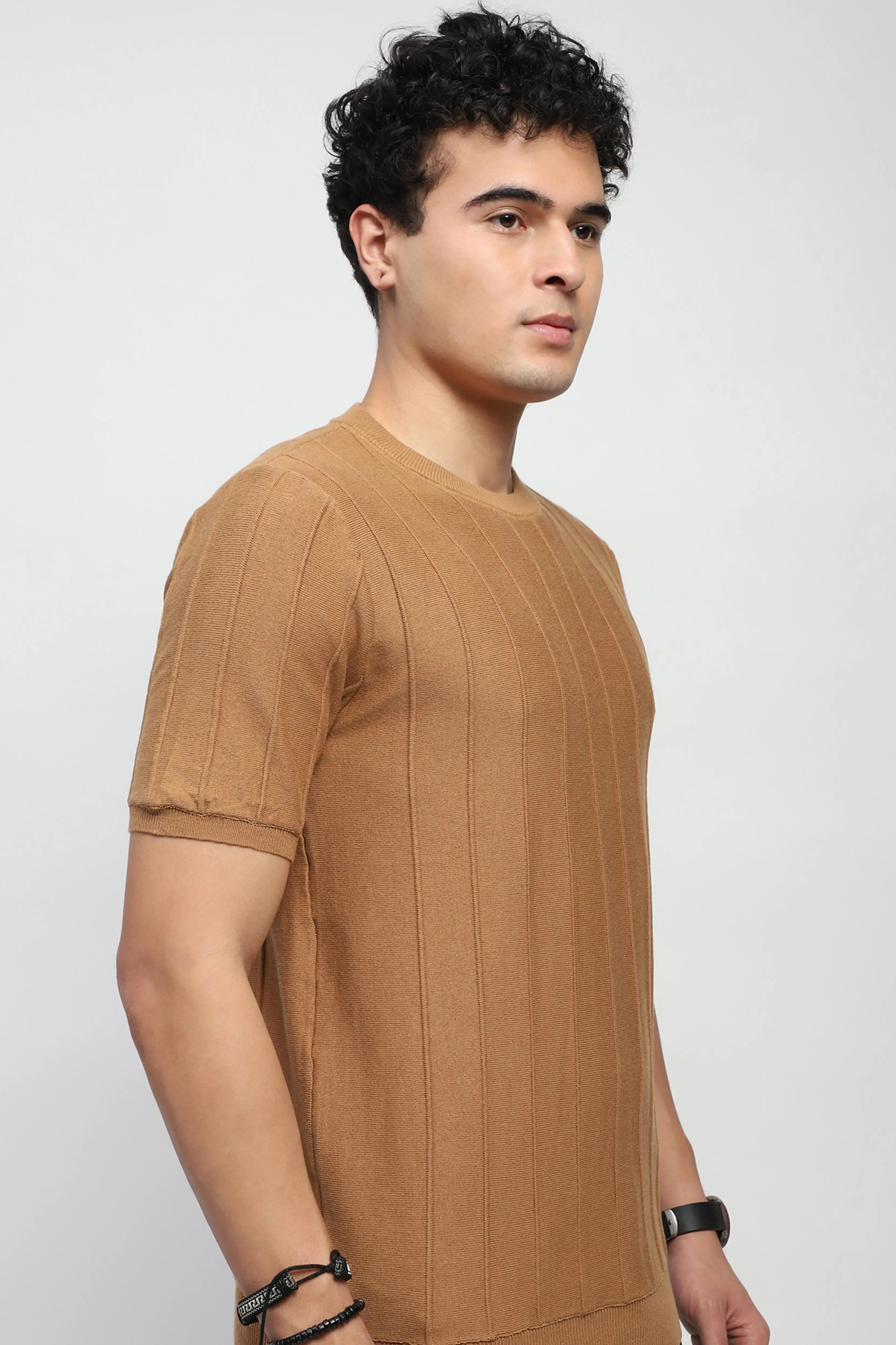 Brown Knitted Textured T-Shirt - Global Republic