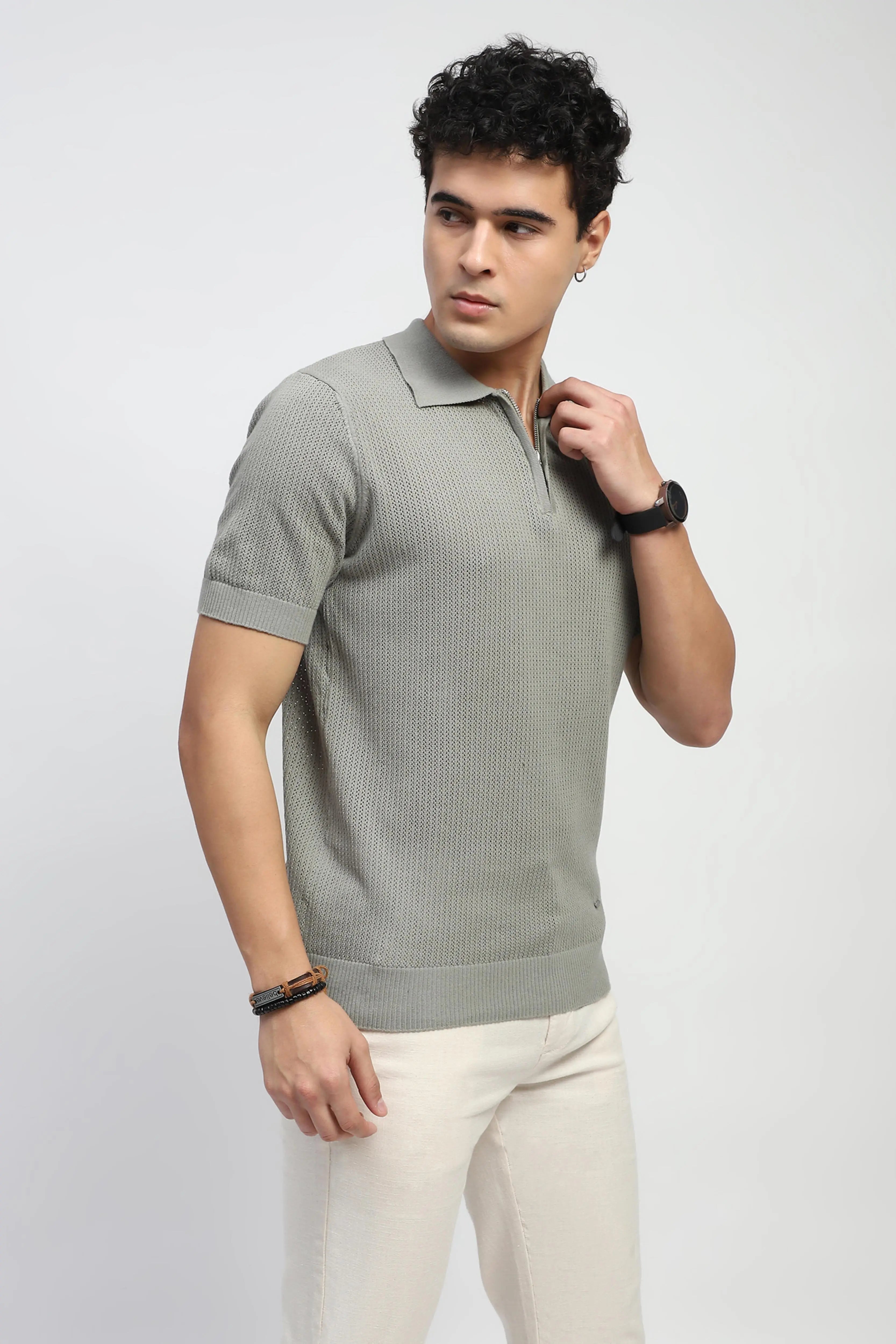 Grey Self Design Cotton Polo T-Shirt - Global Republic