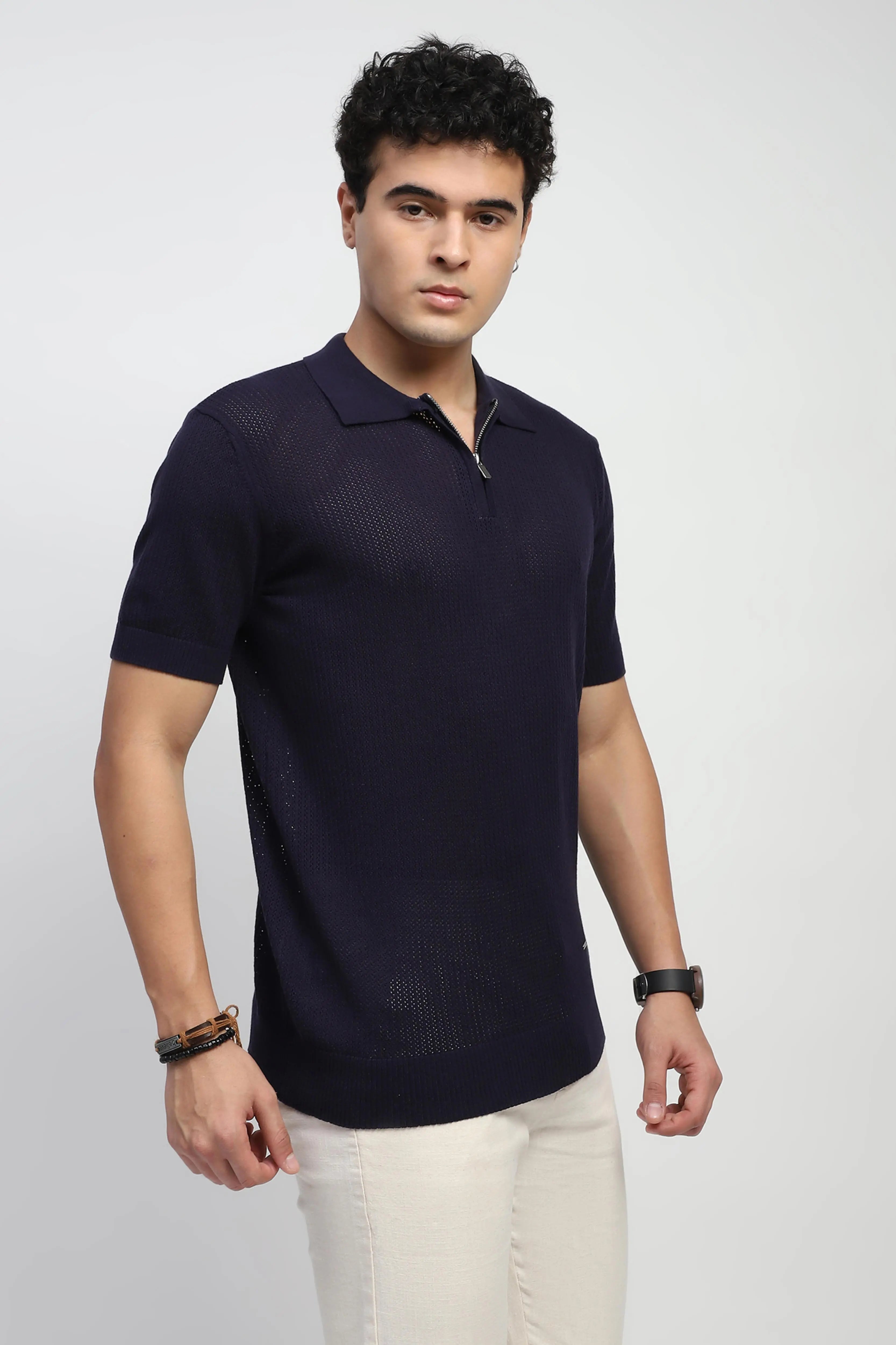 Navy Self Design Cotton Polo T-Shirt - Global Republic