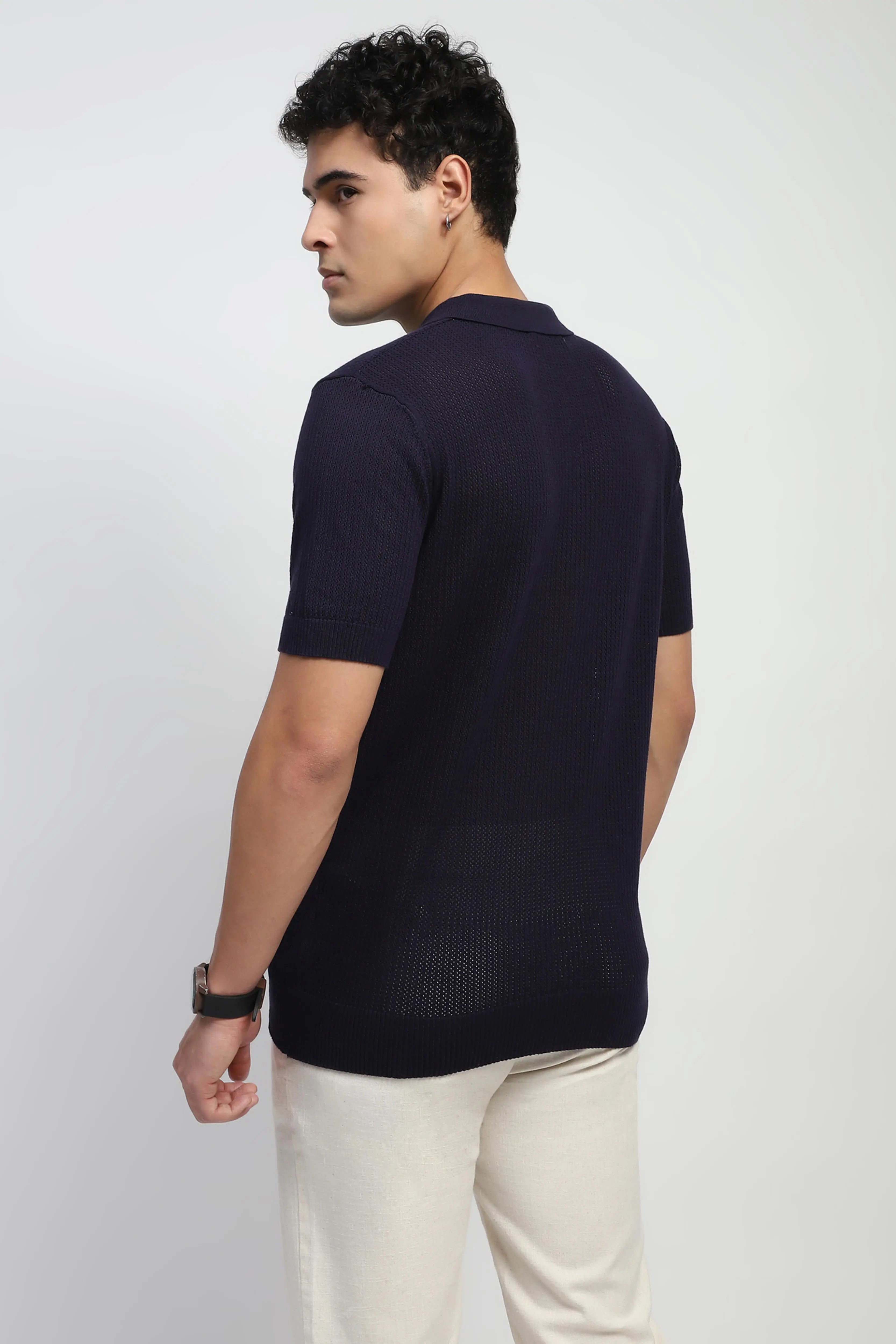 Navy Self Design Cotton Polo T-Shirt - Global Republic
