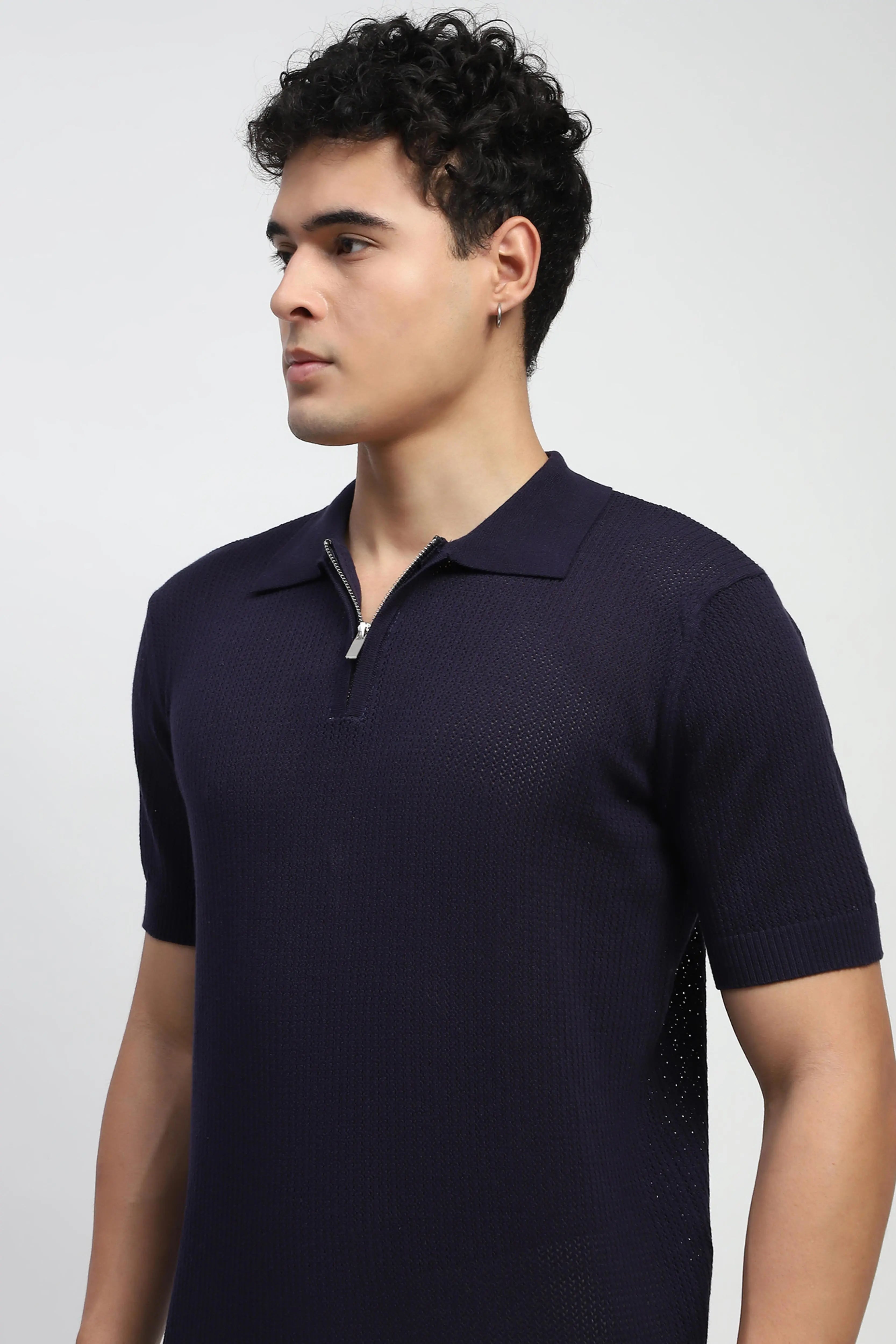 Navy Self Design Cotton Polo T-Shirt - Global Republic