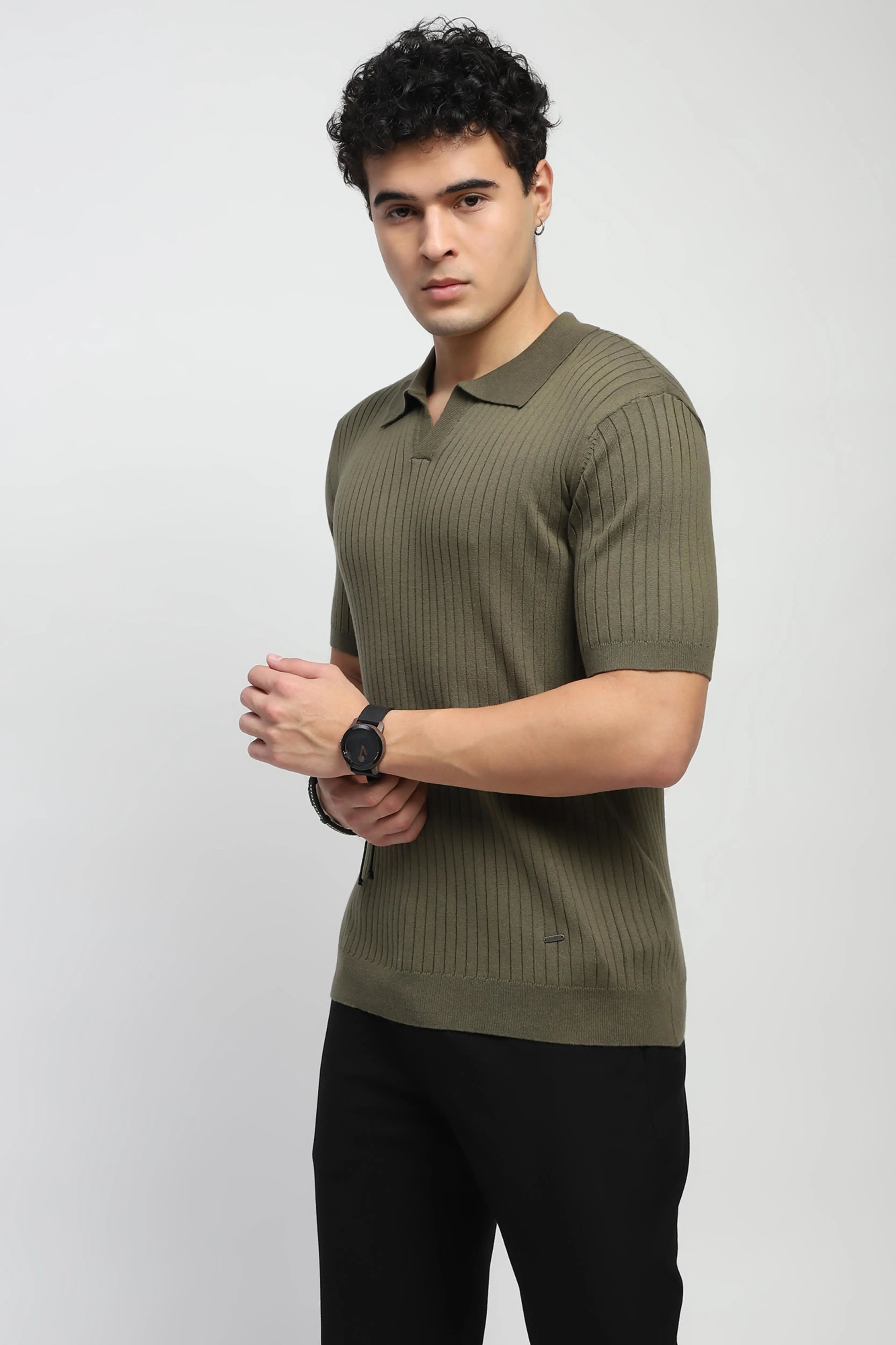 Olive Knitted Cotton Ribbed T-Shirt - Global Republic