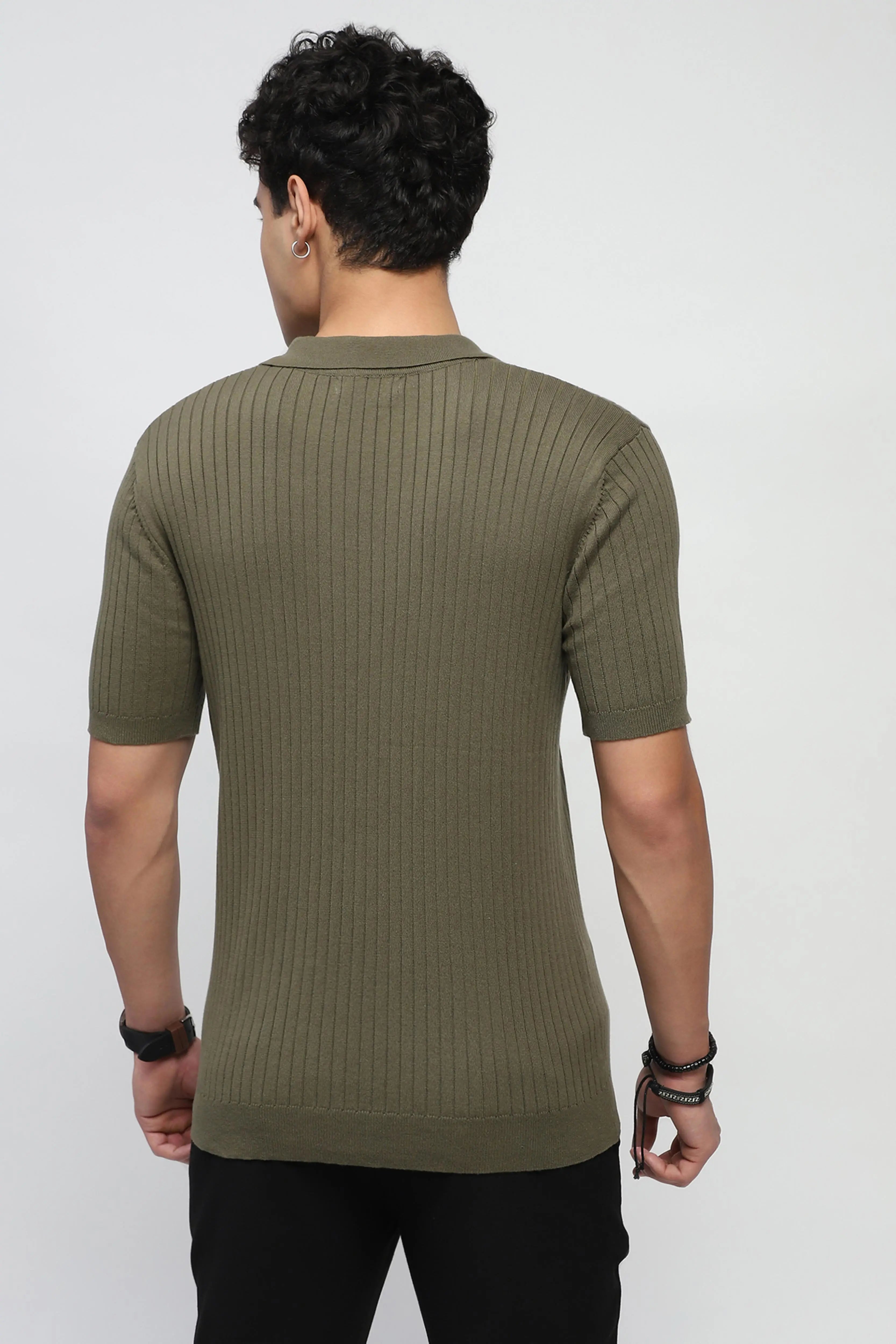 Olive Knitted Cotton Ribbed T-Shirt - Global Republic