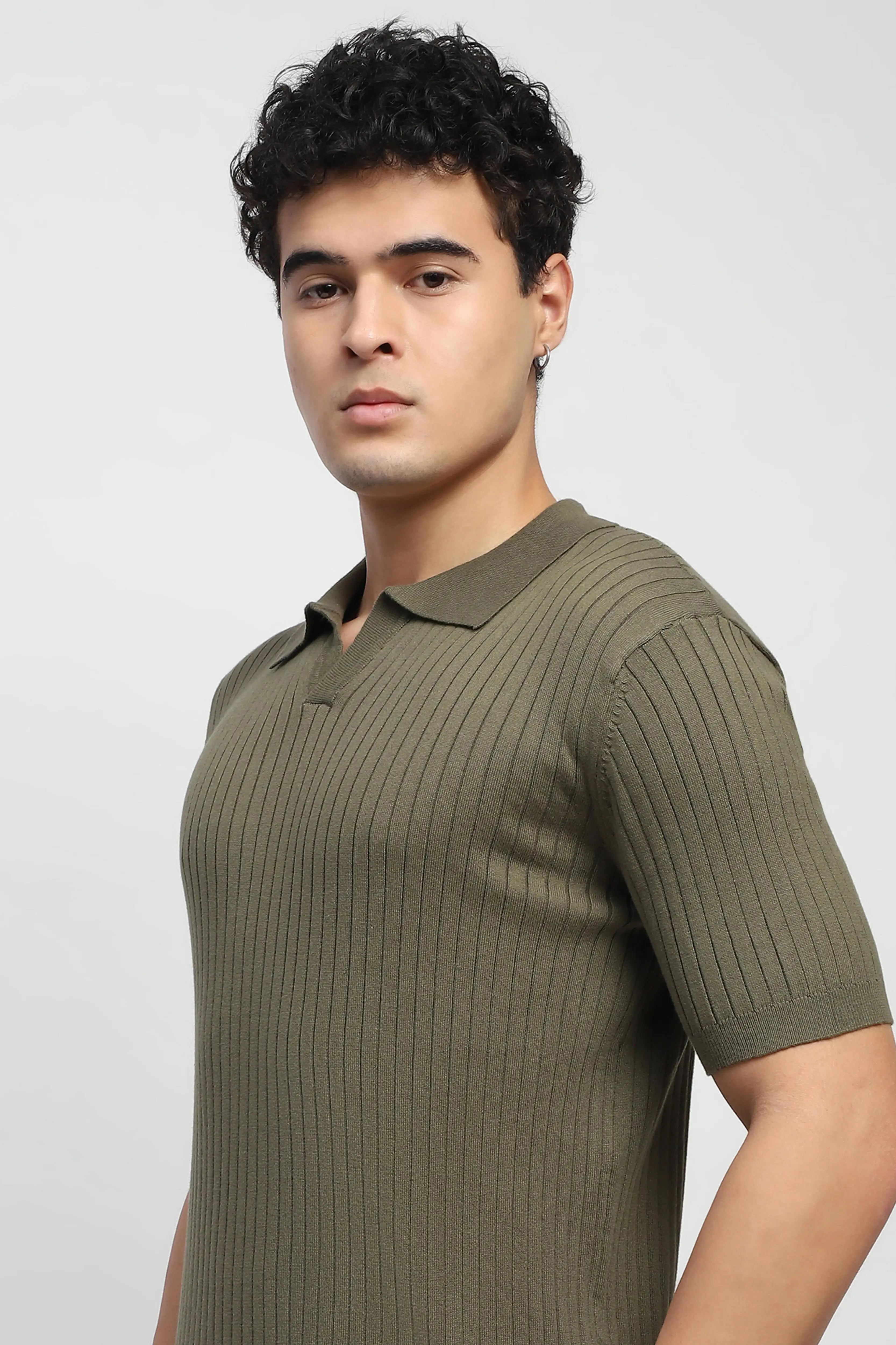 Olive Knitted Cotton Ribbed T-Shirt - Global Republic