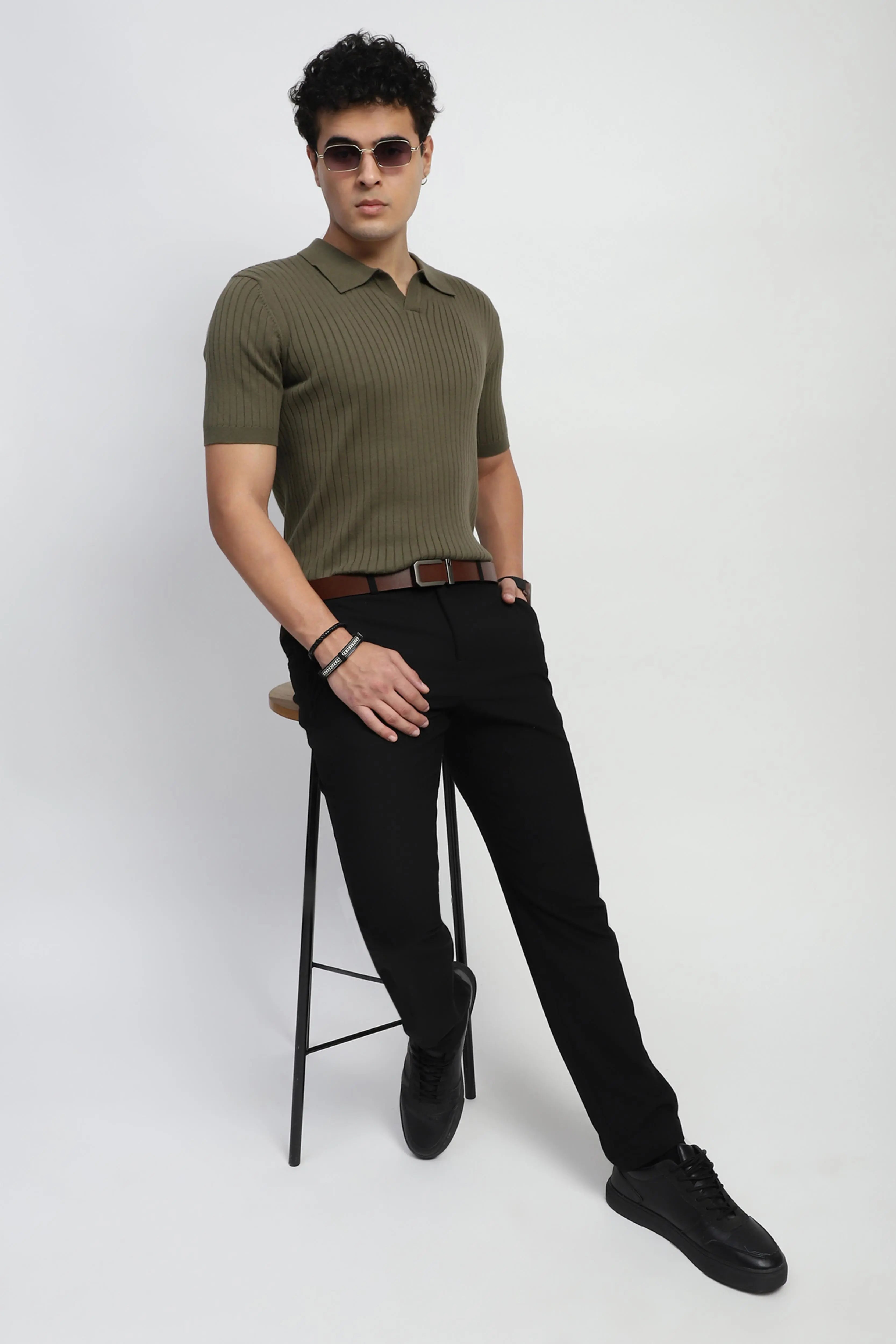 Olive Knitted Cotton Ribbed T-Shirt - Global Republic