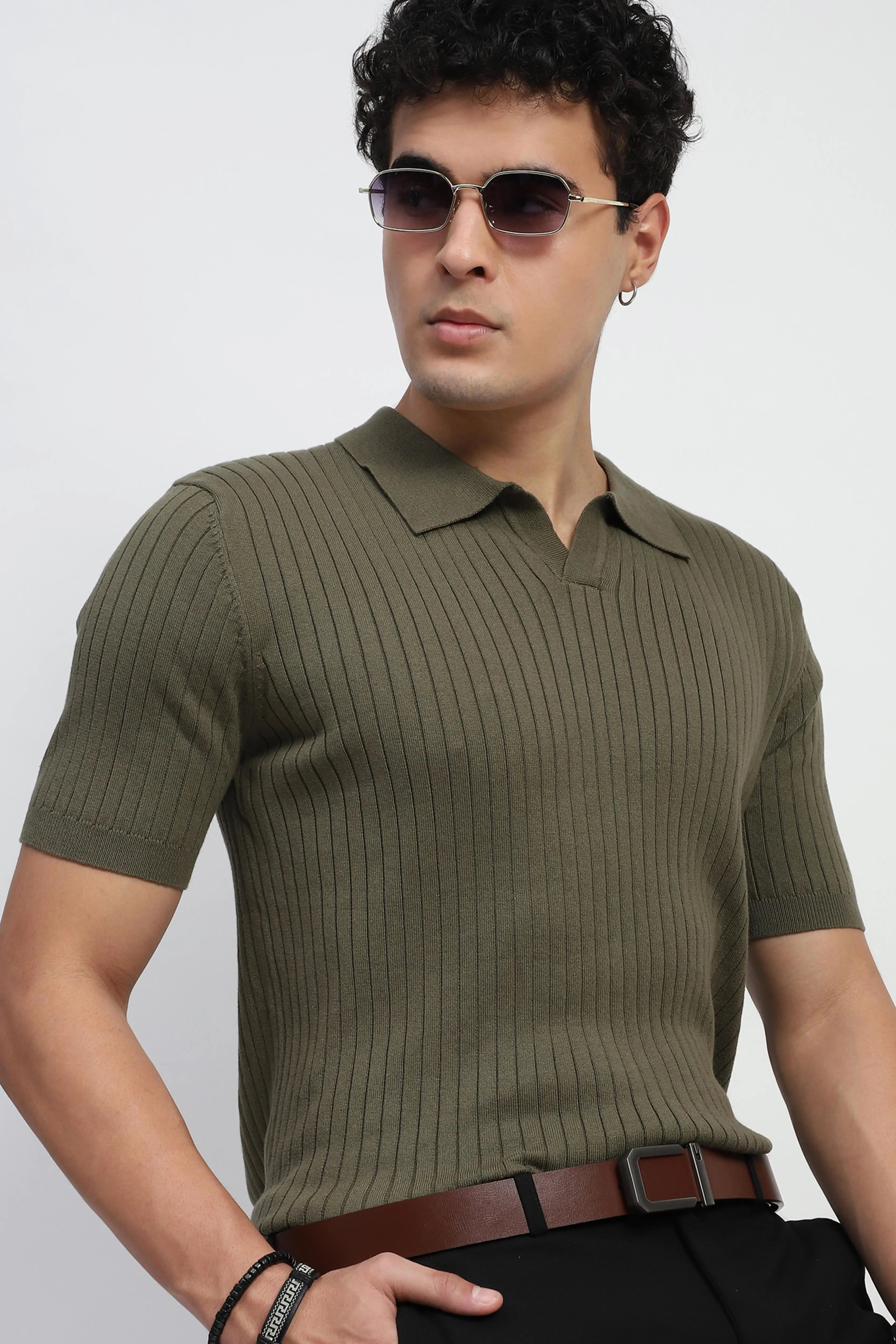 Olive Knitted Cotton Ribbed T-Shirt - Global Republic