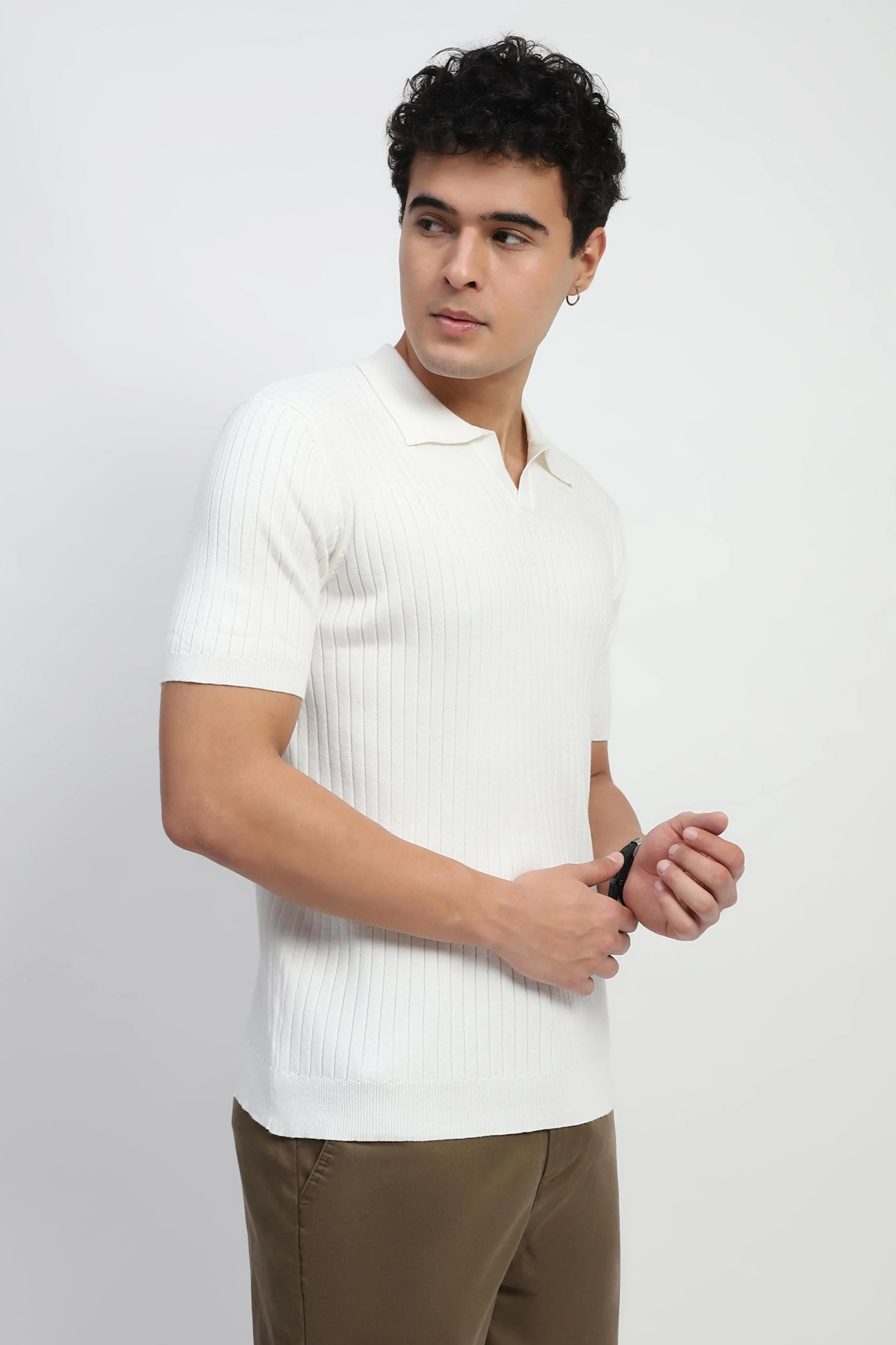 White Self Stripes Cotton Knit T-Shirt - Global Republic