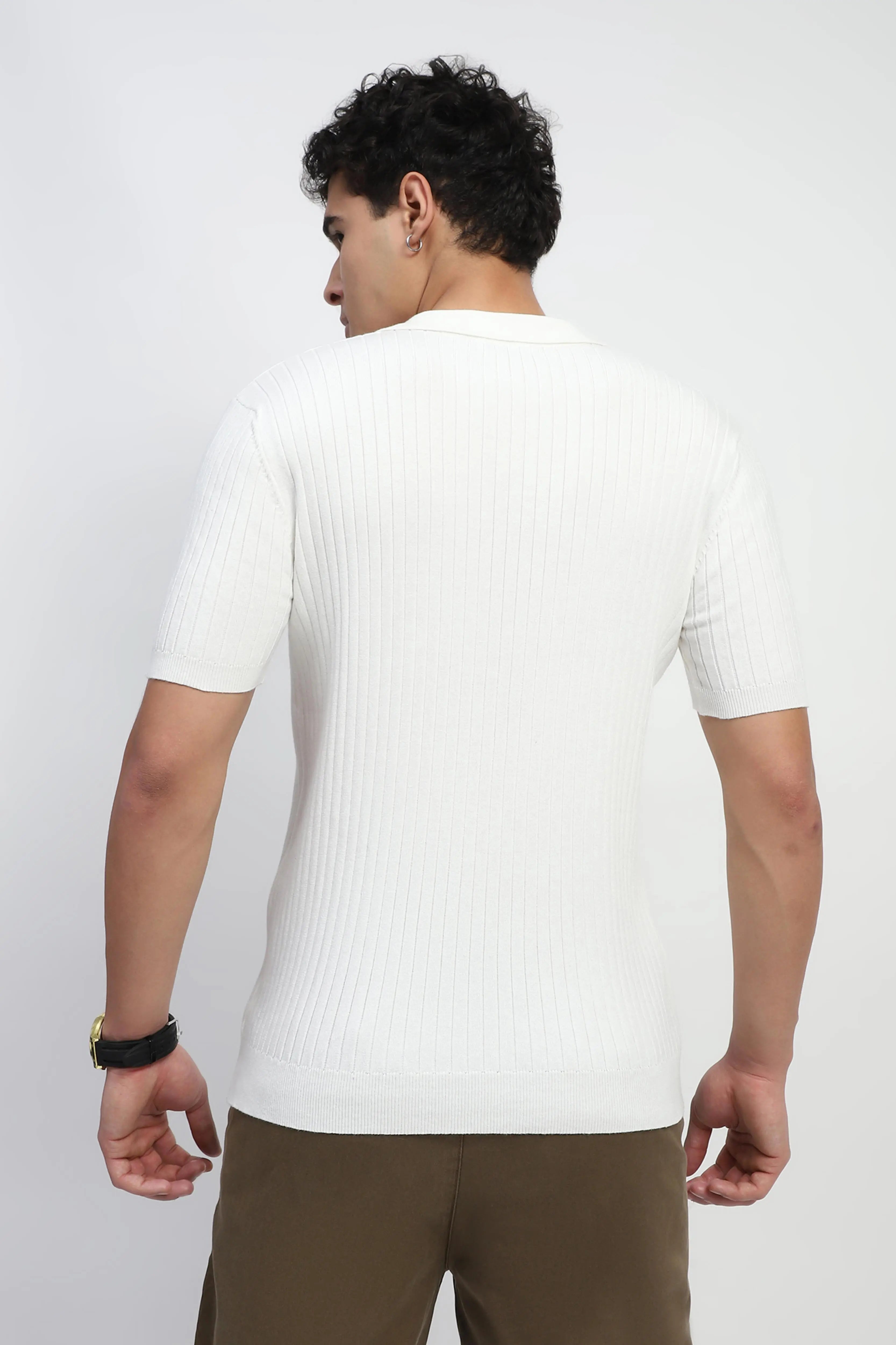 White Self Stripes Cotton Knit T-Shirt - Global Republic
