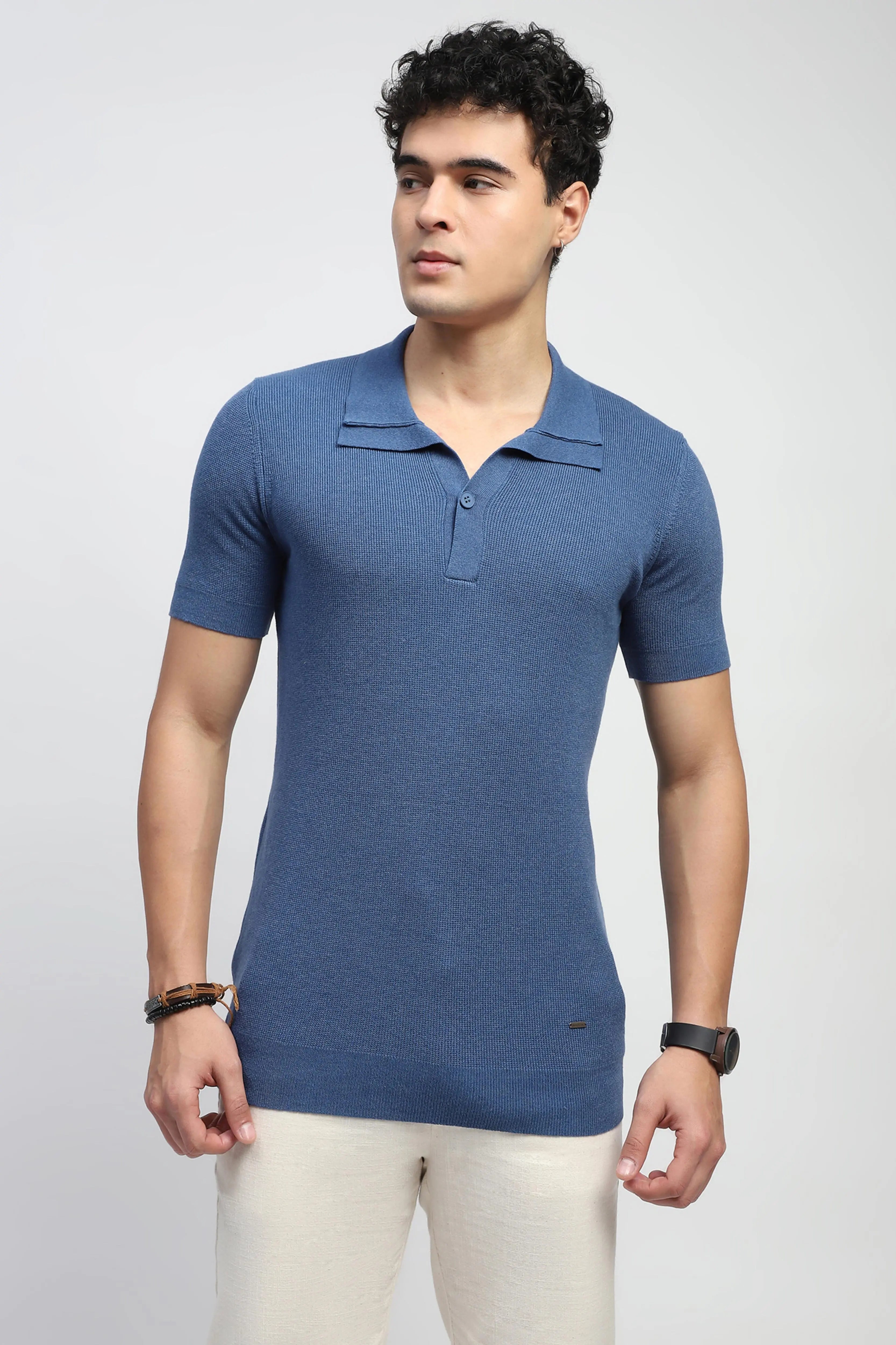 Blue Self Design Cotton T-Shirt - Global Republic