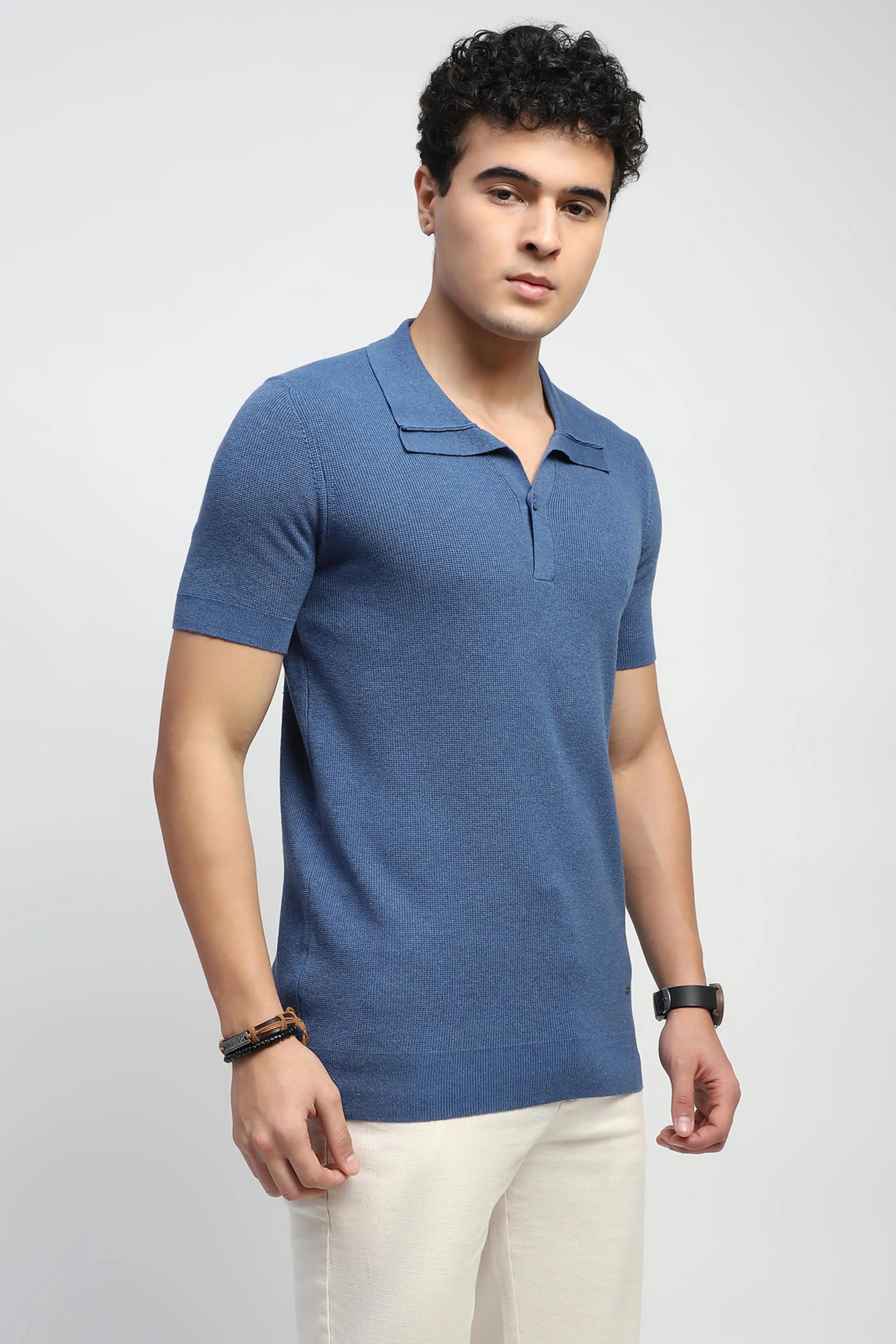 Blue Self Design Cotton T-Shirt