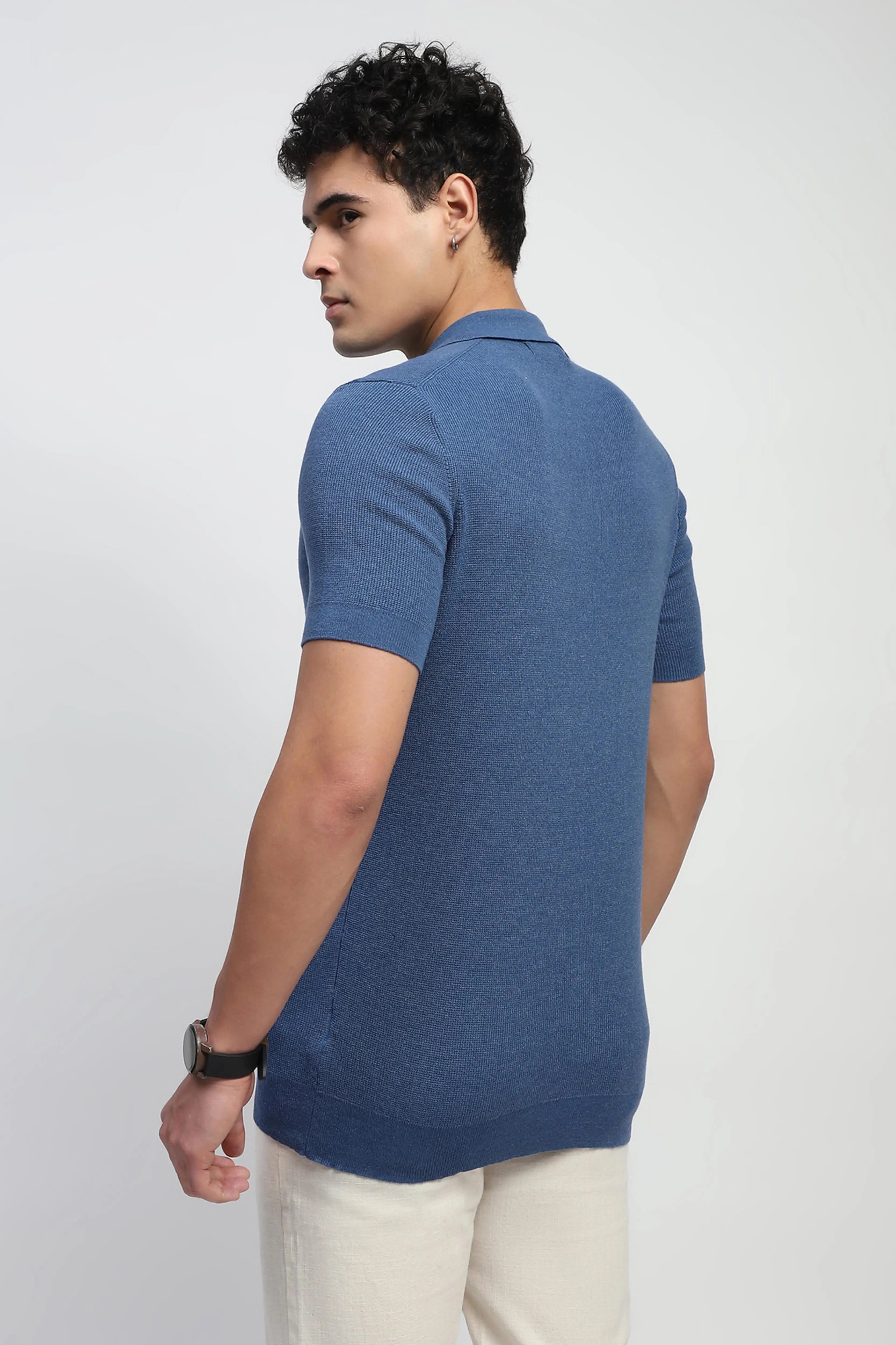 Blue Self Design Cotton T-Shirt