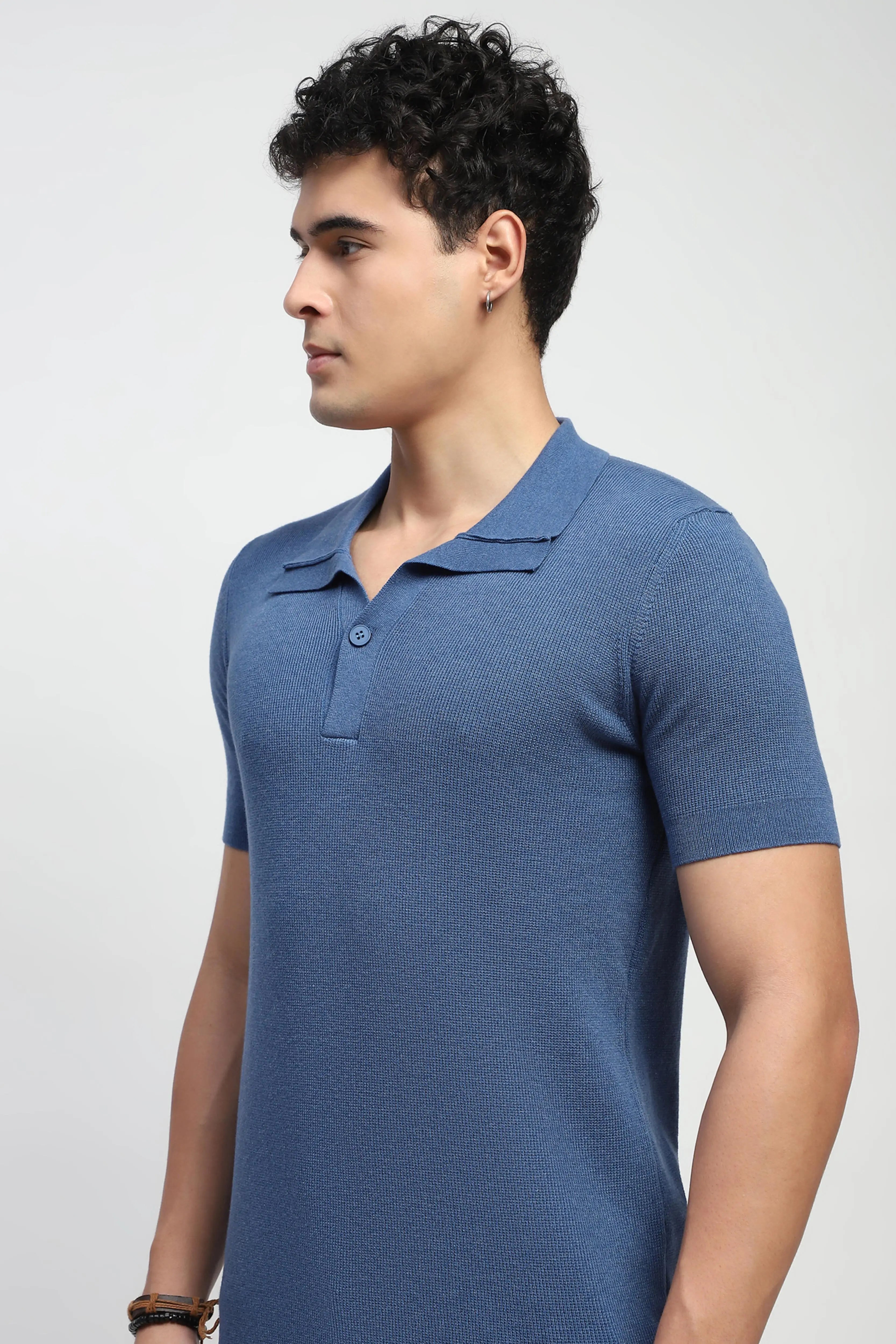 Blue Self Design Cotton T-Shirt