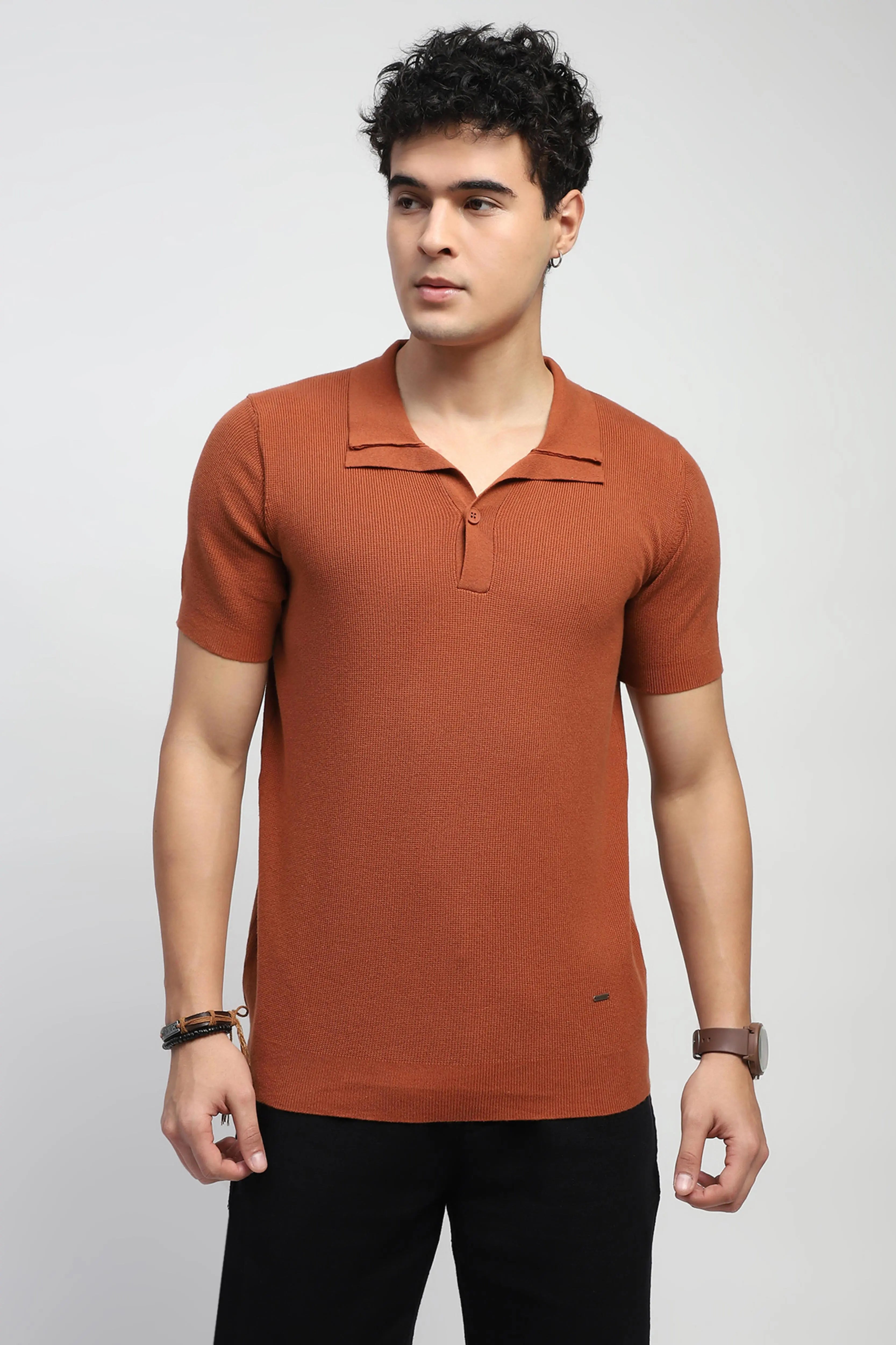 Rust Textured Cotton T-Shirt - Global Republic