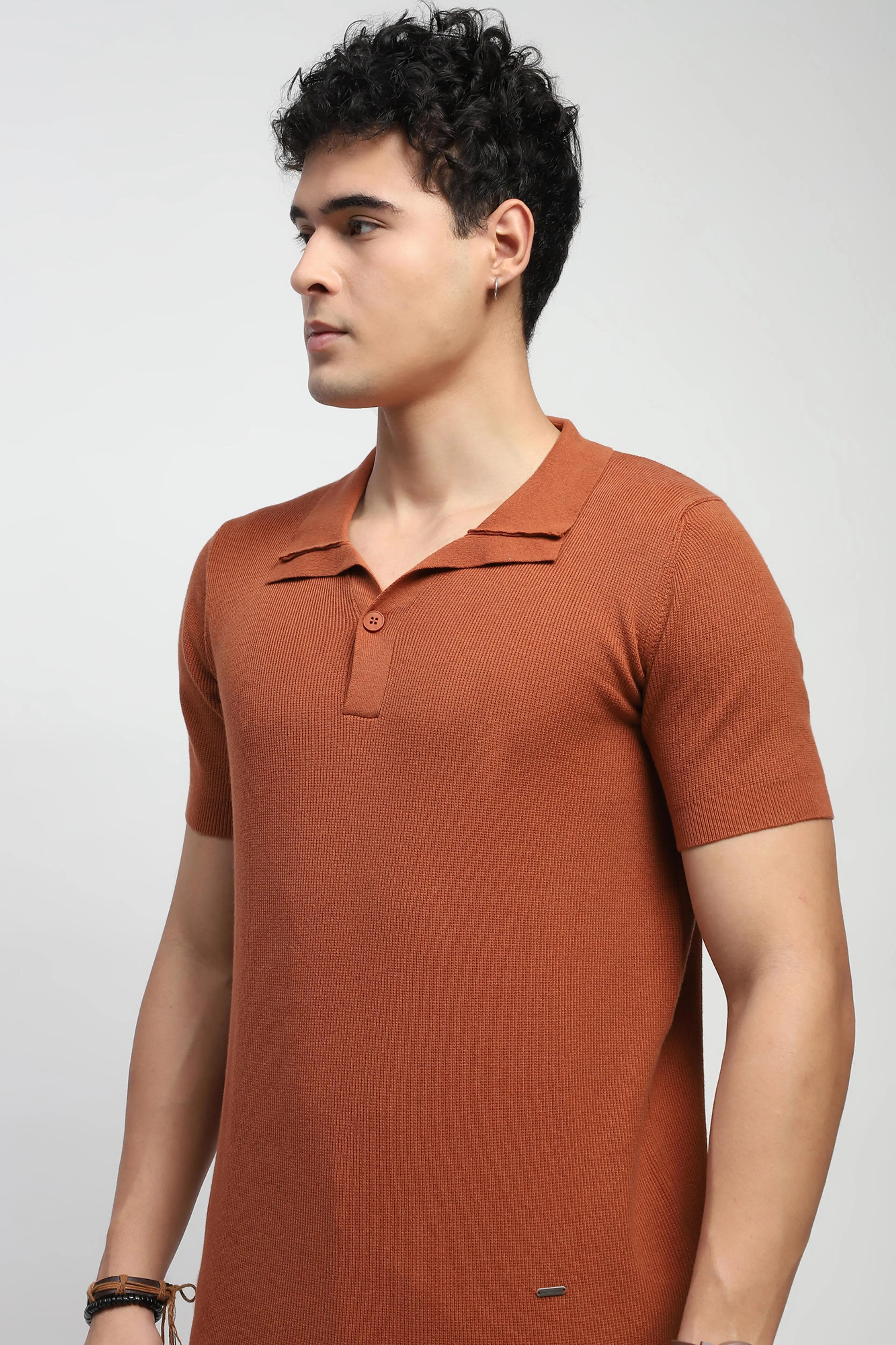 Rust Textured Cotton T-Shirt - Global Republic