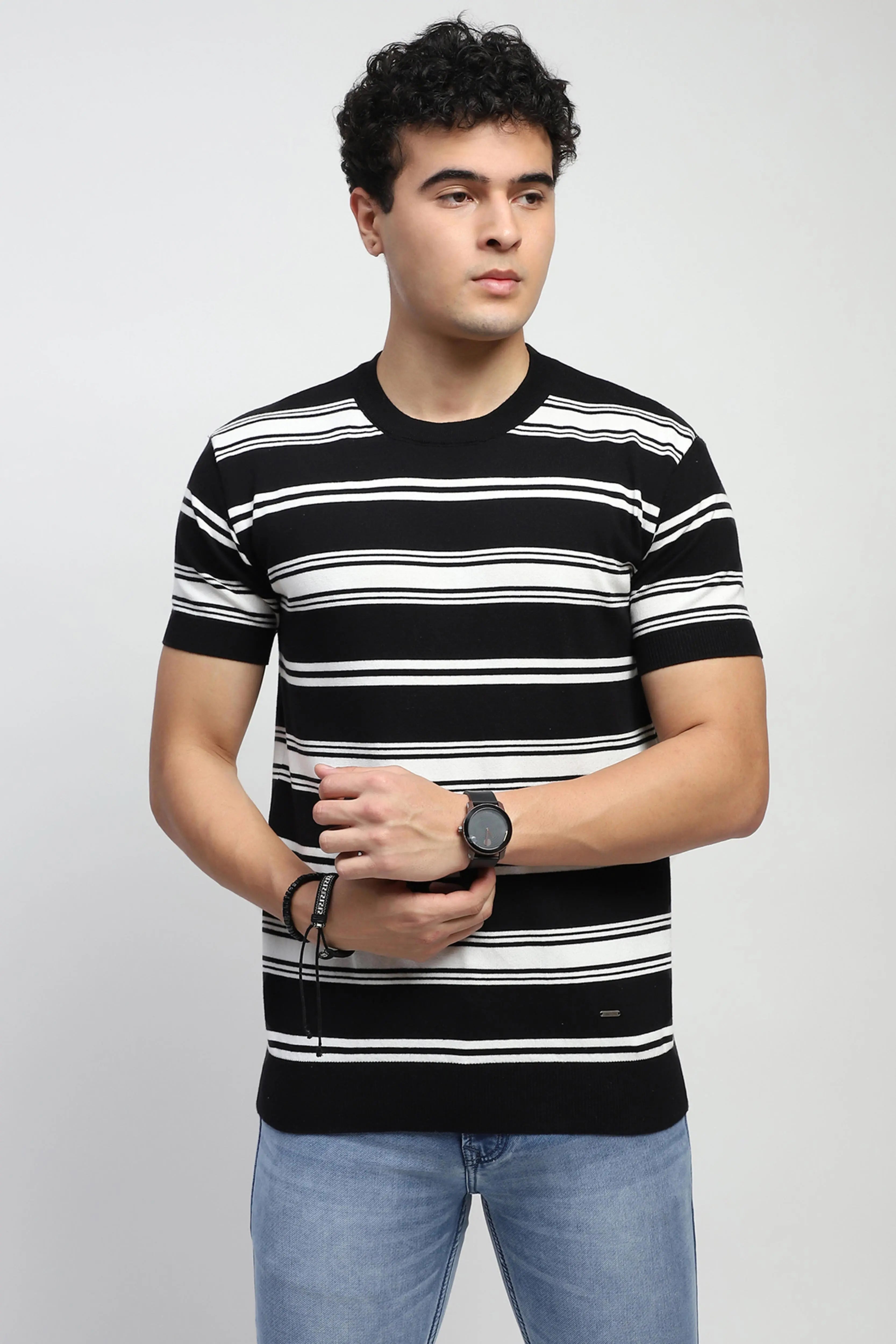 Black Striped Knitted Cotton T-Shirt - Global Republic