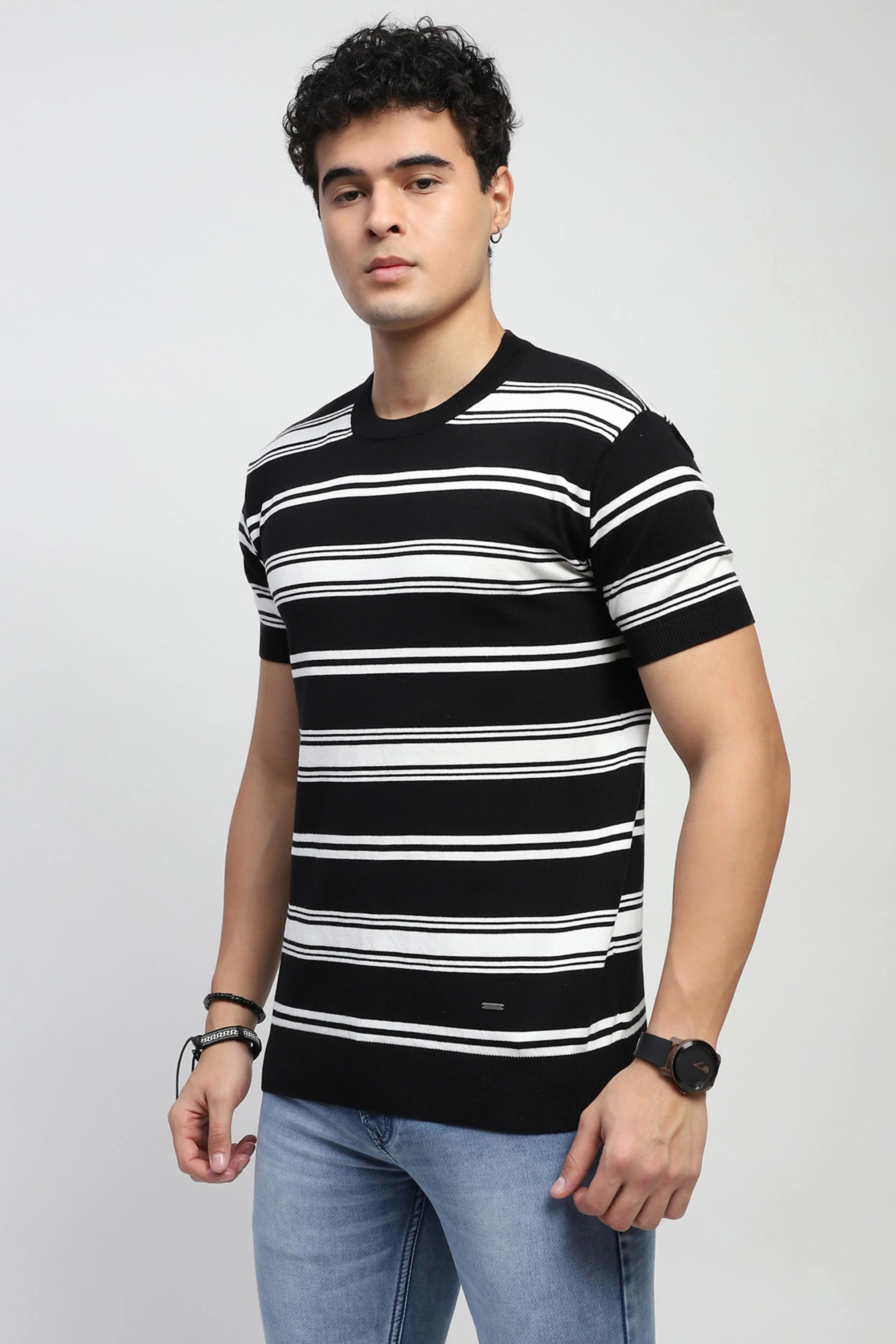 Black Striped Knitted Cotton T-Shirt - Global Republic