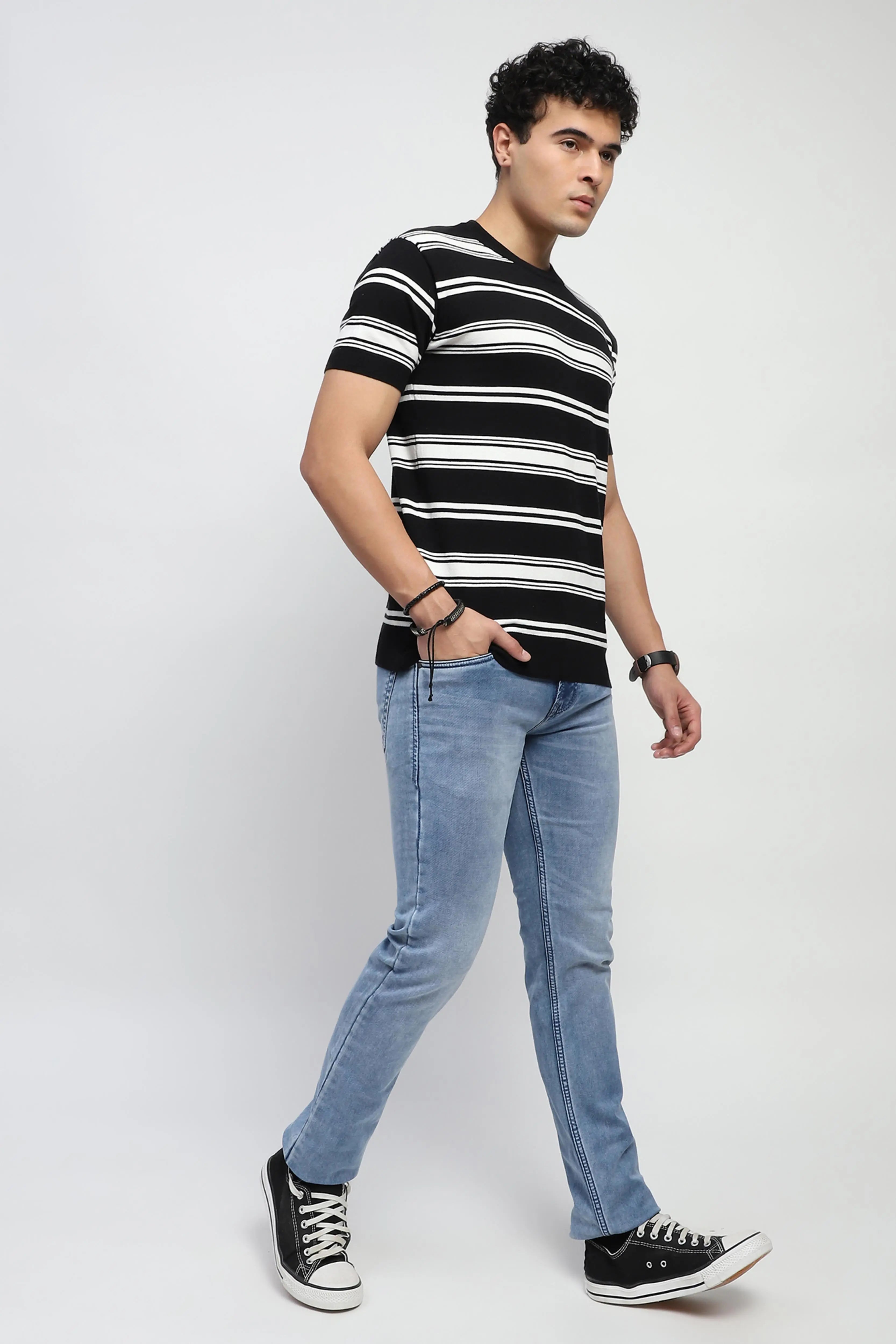 Black Striped Knitted Cotton T-Shirt - Global Republic