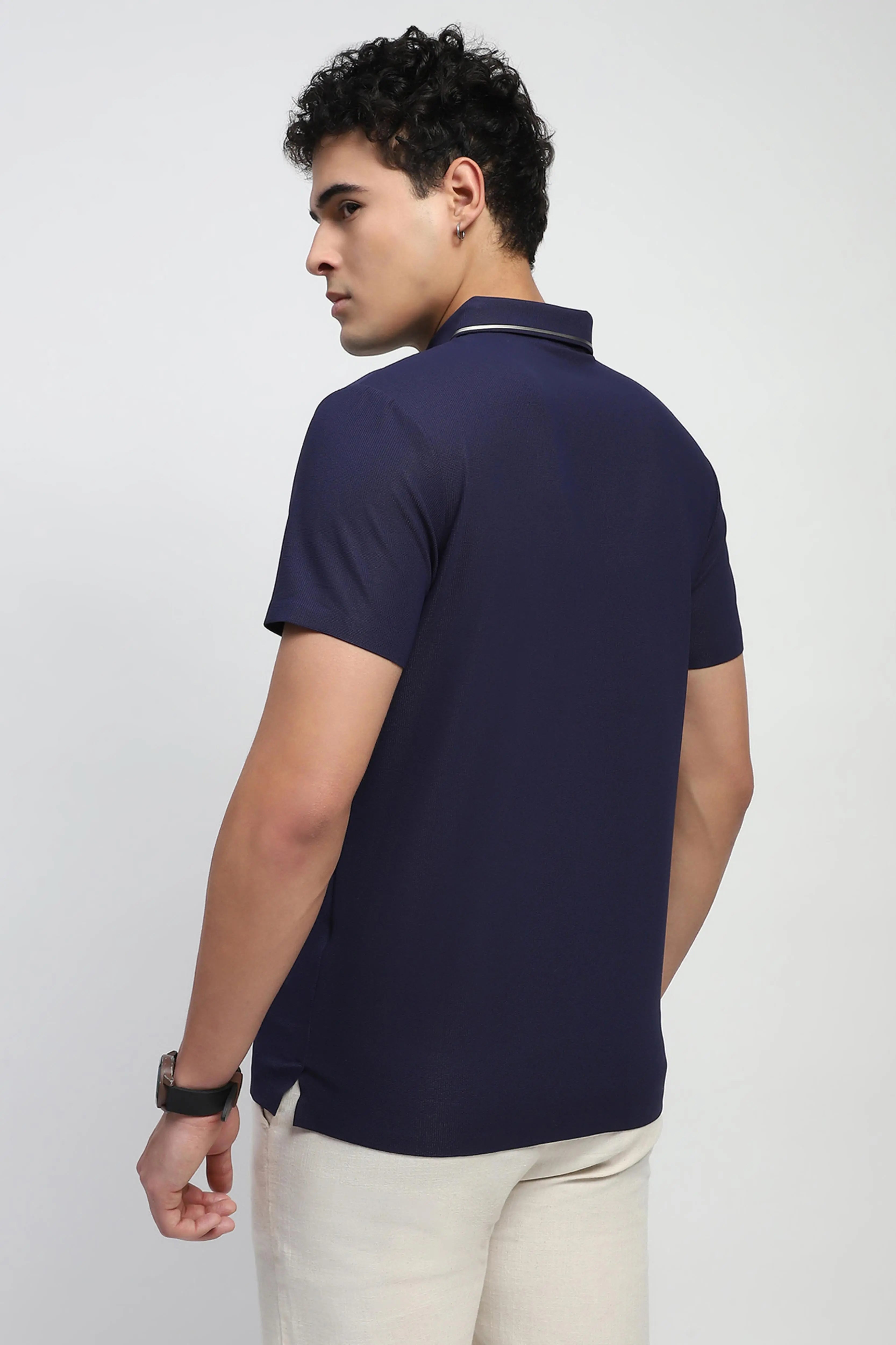 Navy Solid Nylon Polo T-Shirt - Global Republic