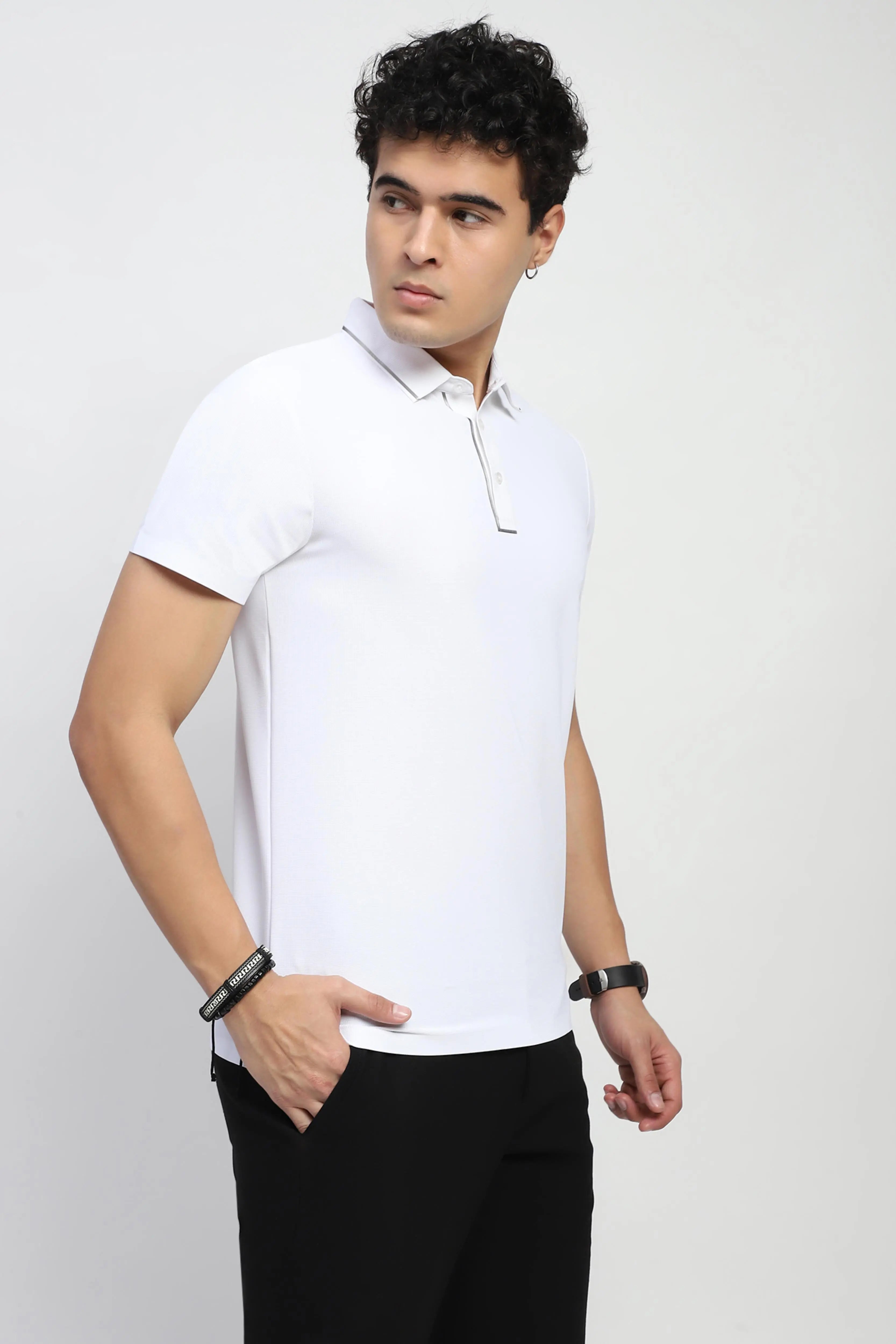 White Solid Nylon Polo T-Shirt - Global Republic