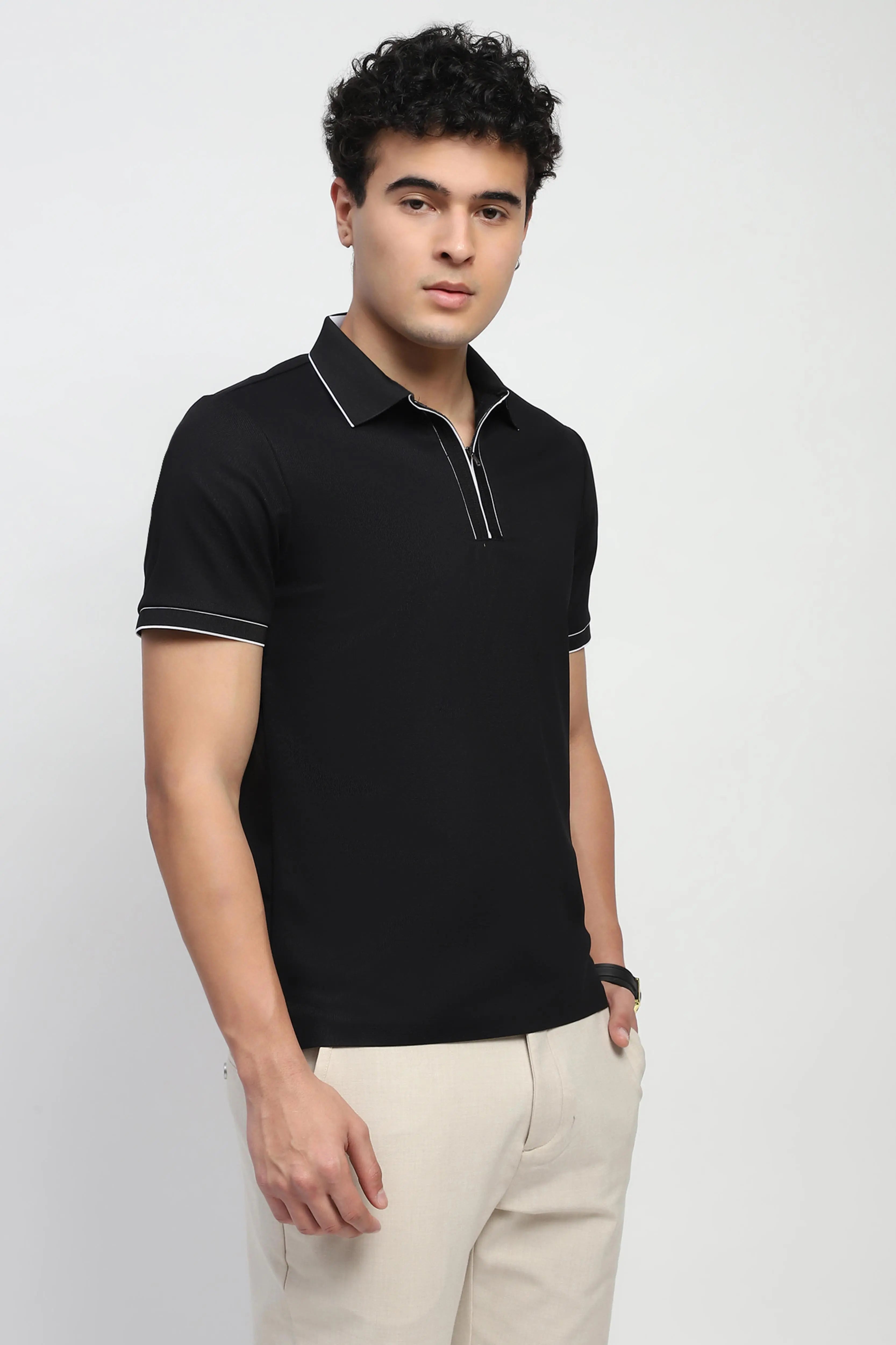 Black Solid Nylon Blend T-Shirt - Global Republic