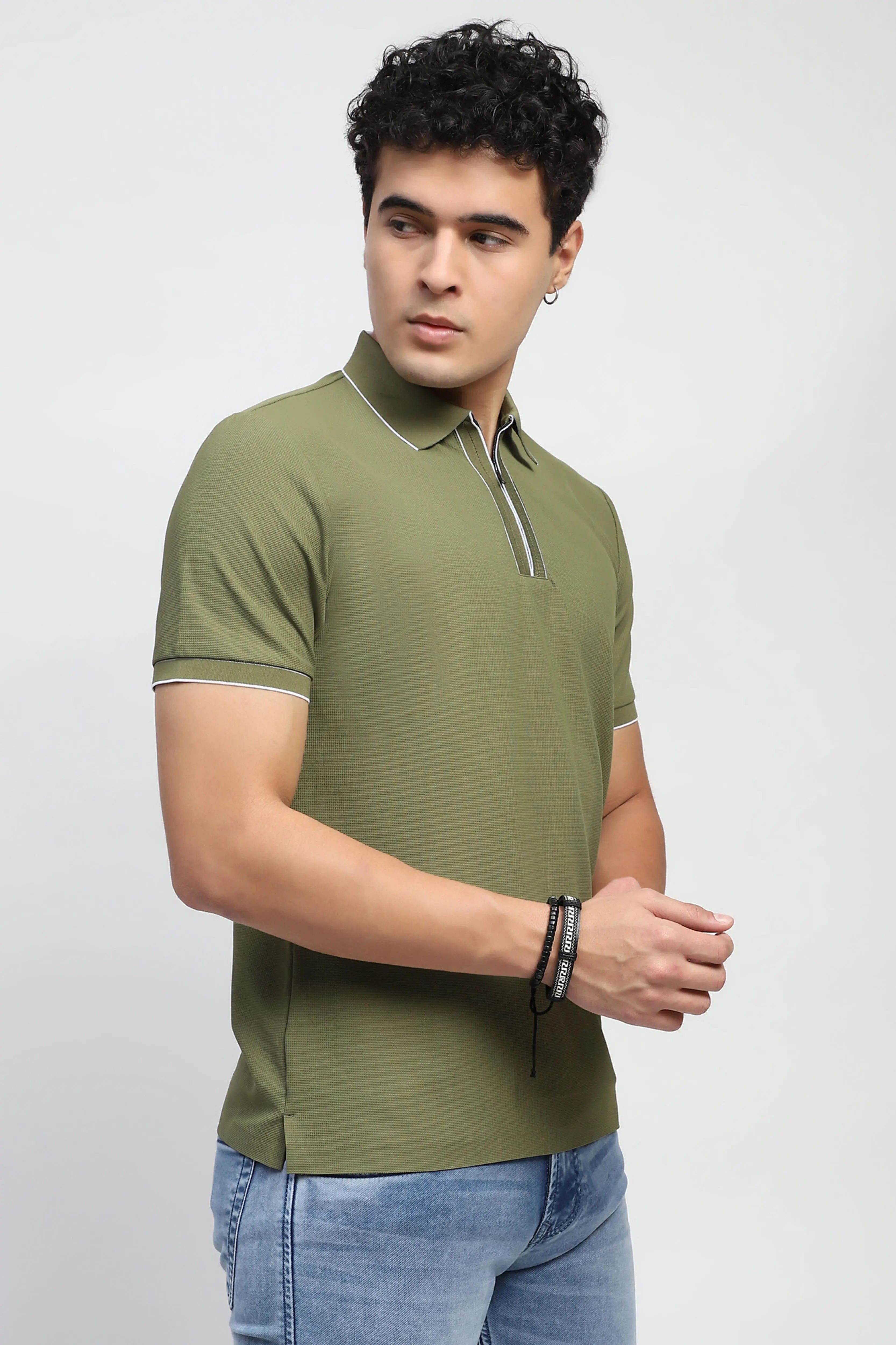 Olive Solid Nylon Blend Polo T-Shirt - Global Republic