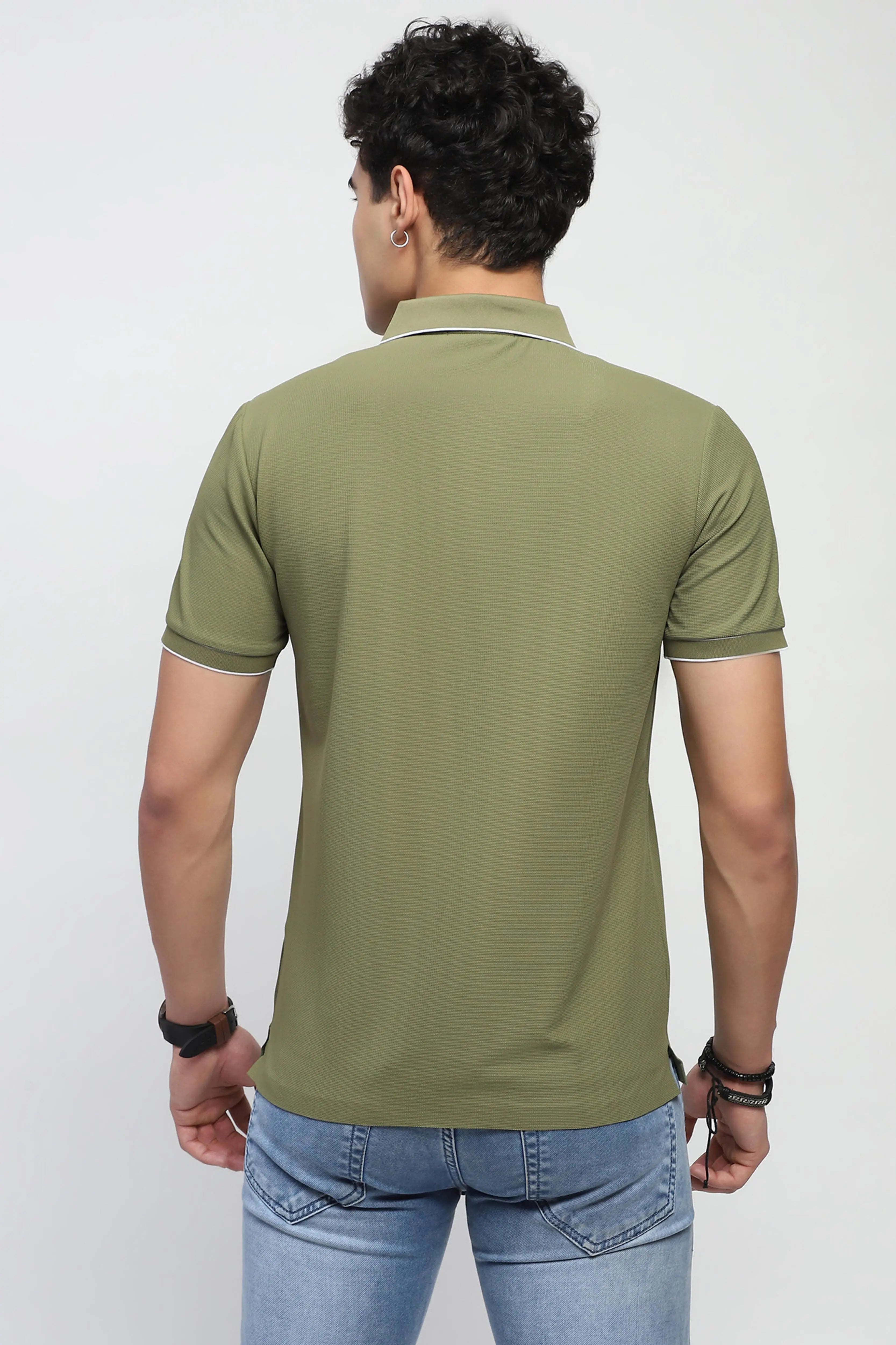 Olive Solid Nylon Blend Polo T-Shirt - Global Republic