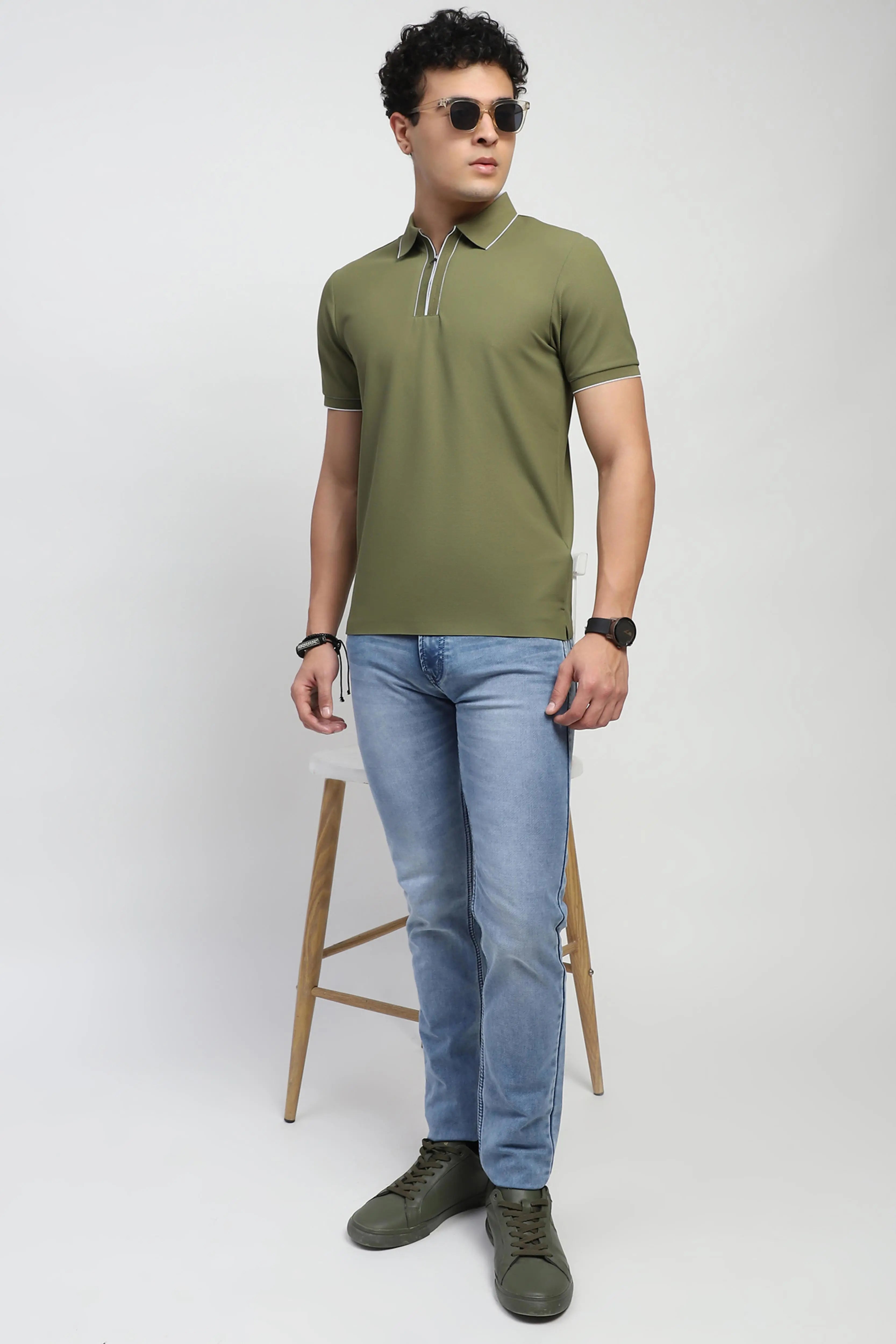 Olive Solid Nylon Blend Polo T-Shirt - Global Republic