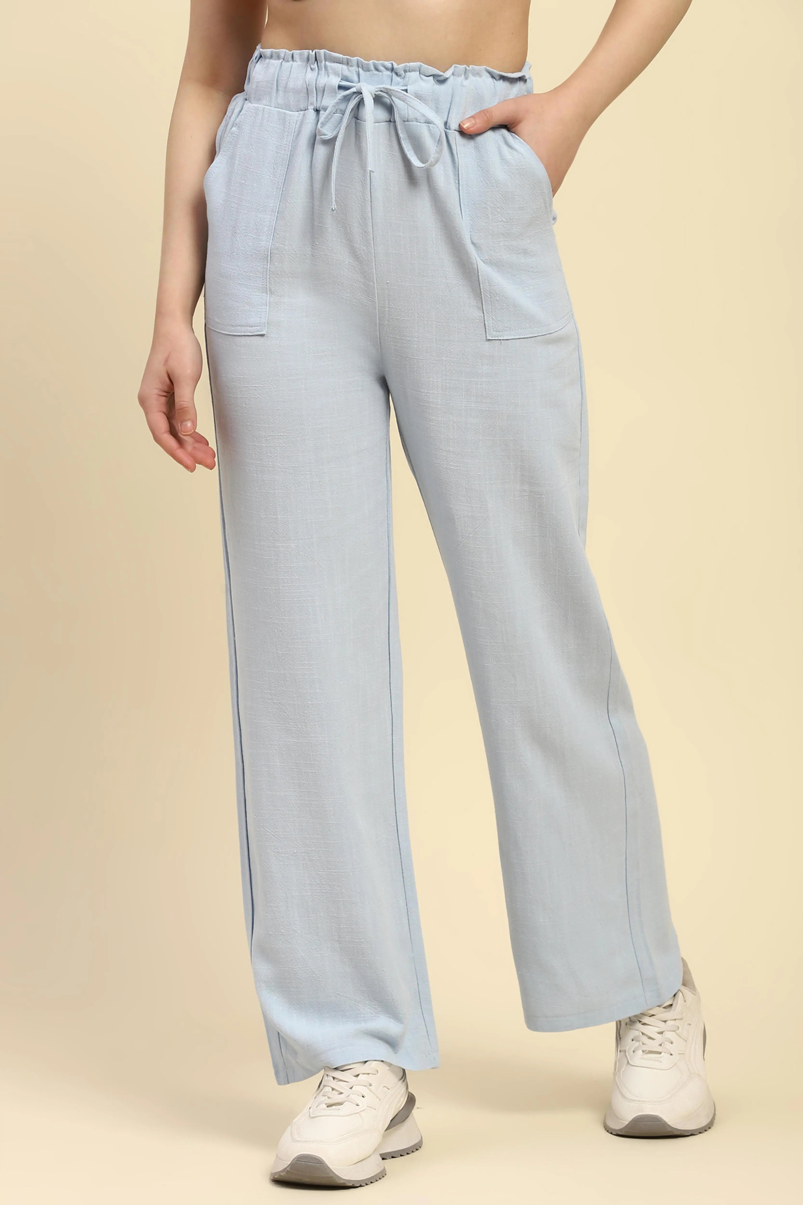 Blue Solid Cotton Linen Relaxed Lower - Global Republic