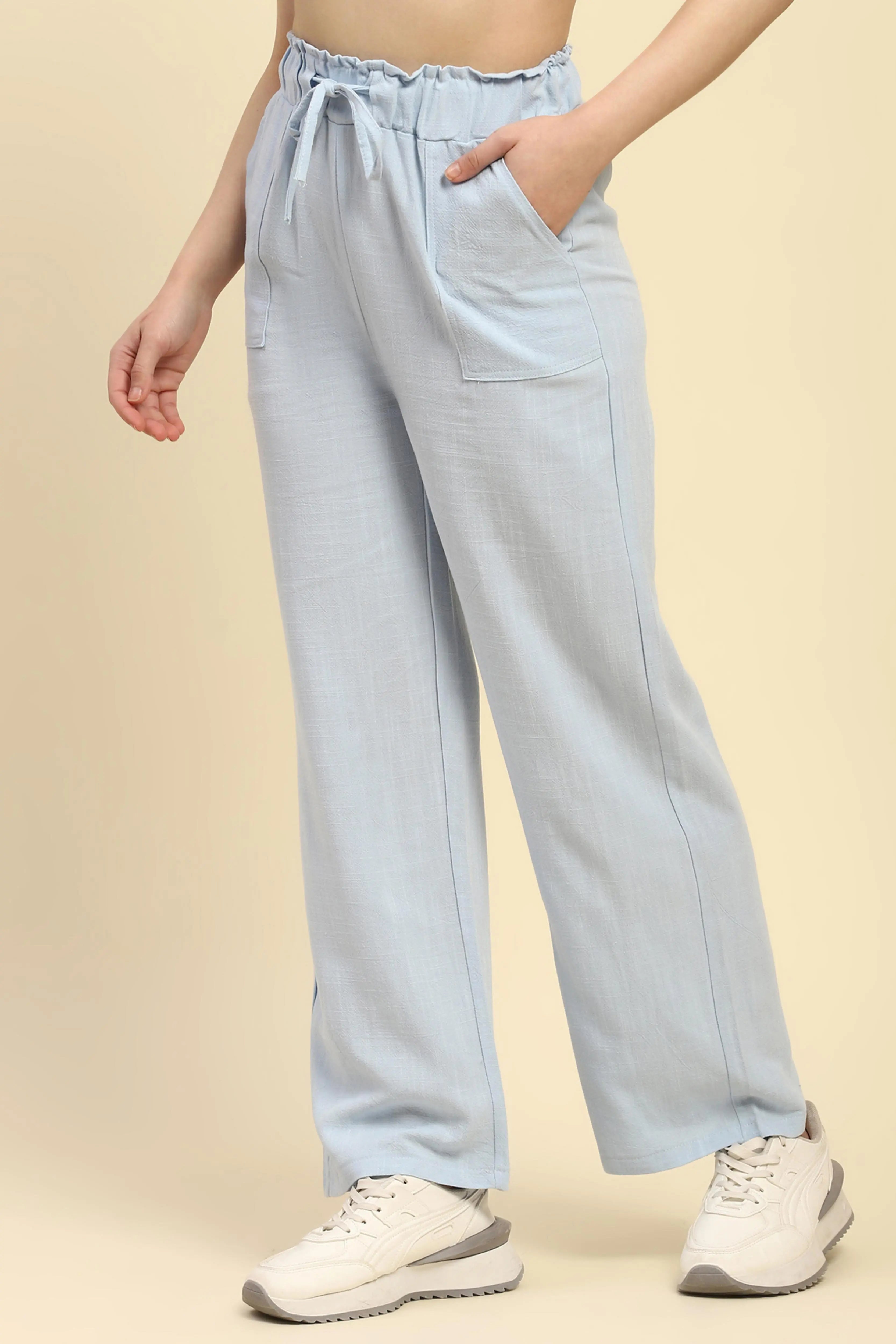 Blue Solid Cotton Linen Relaxed Lower - Global Republic