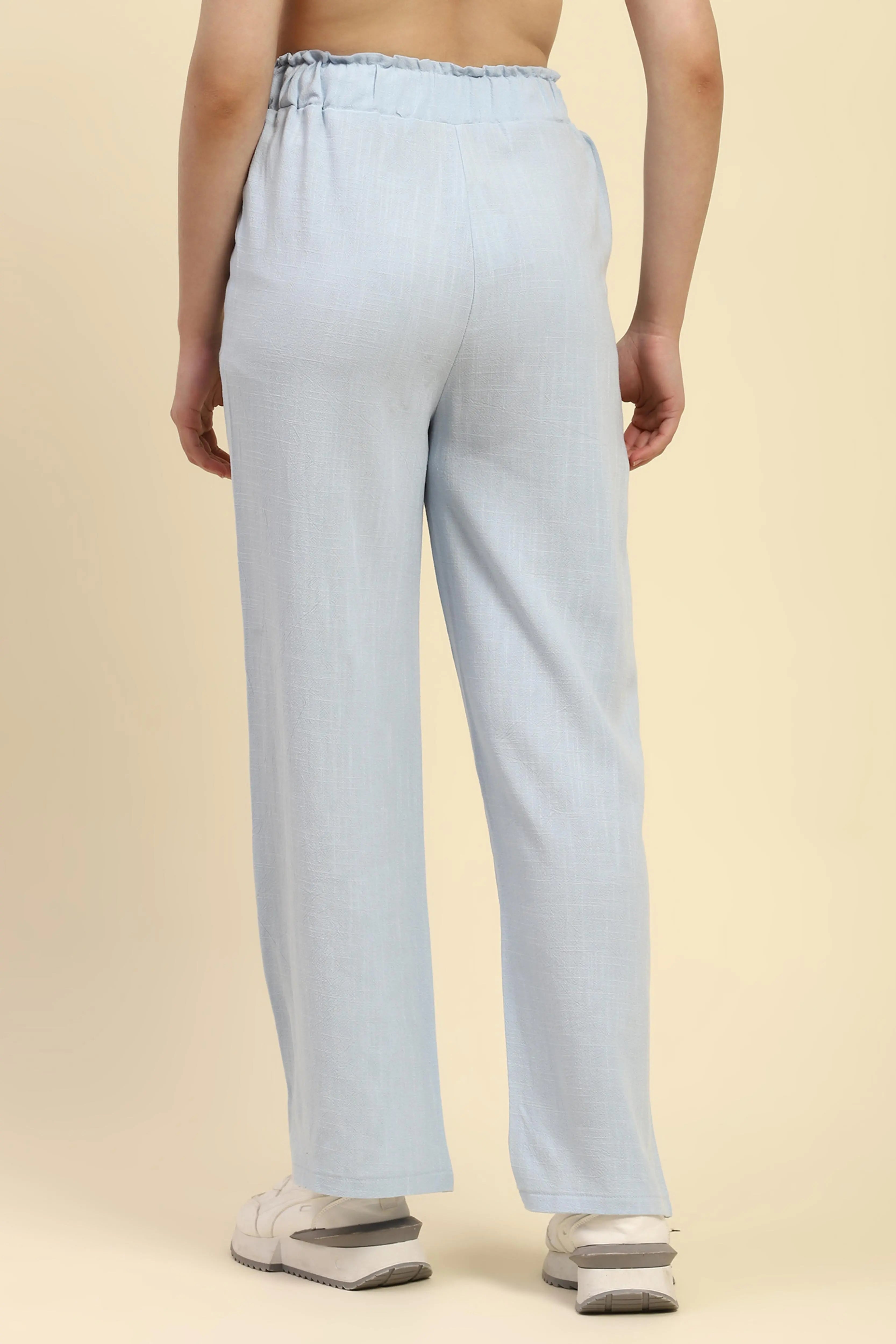 Blue Solid Cotton Linen Relaxed Lower - Global Republic