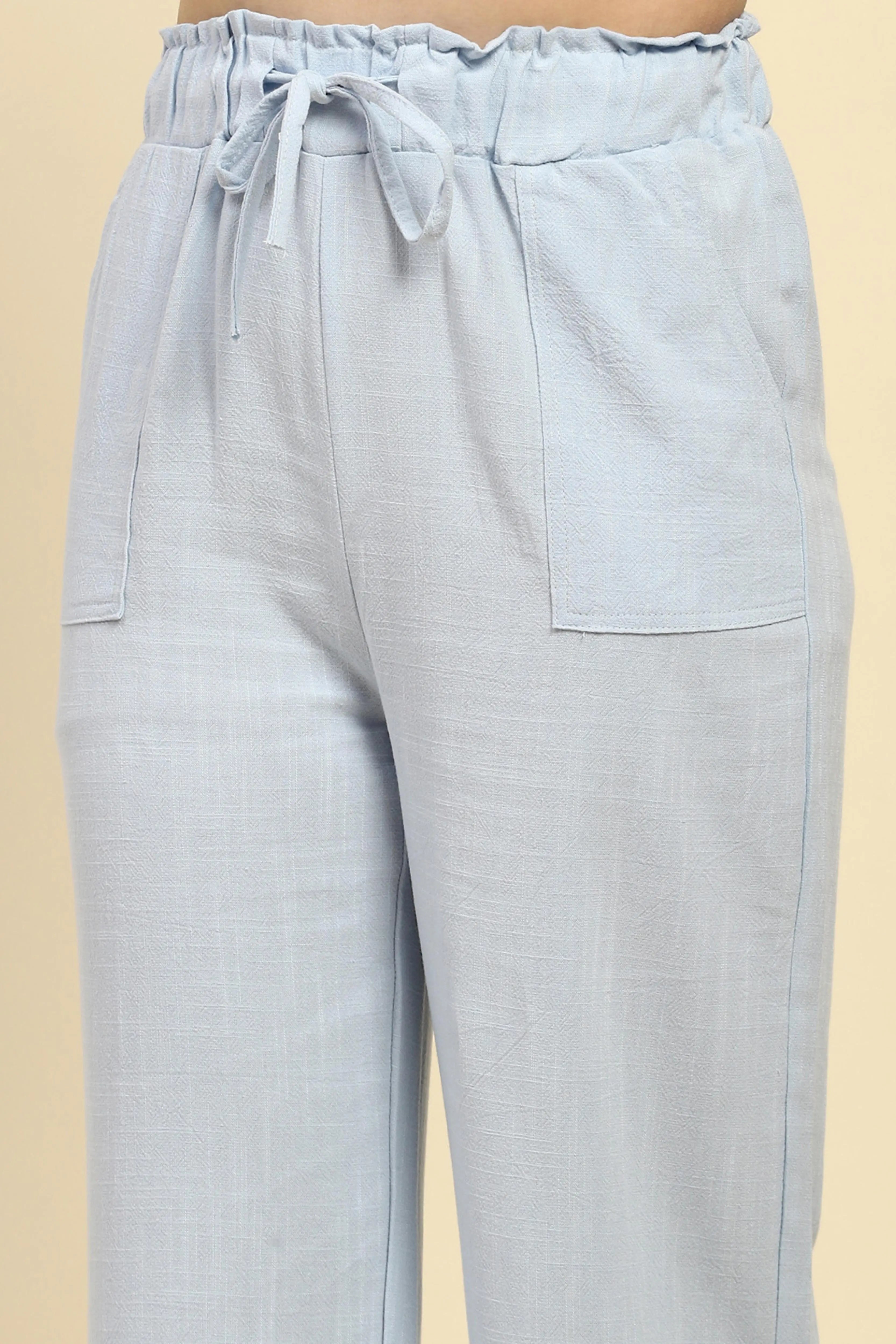 Blue Solid Cotton Linen Relaxed Lower - Global Republic