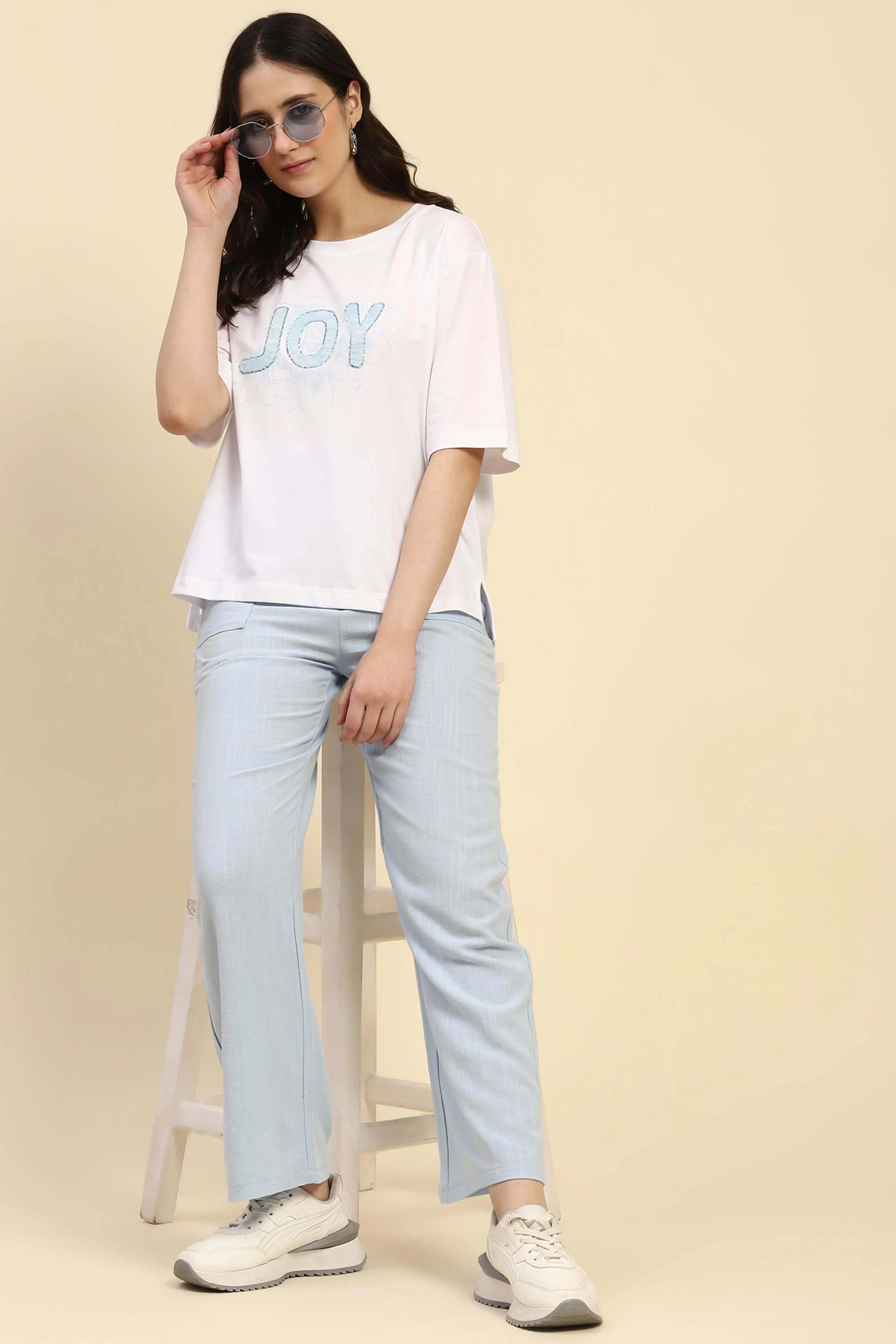 Blue Solid Cotton Linen Relaxed Lower - Global Republic