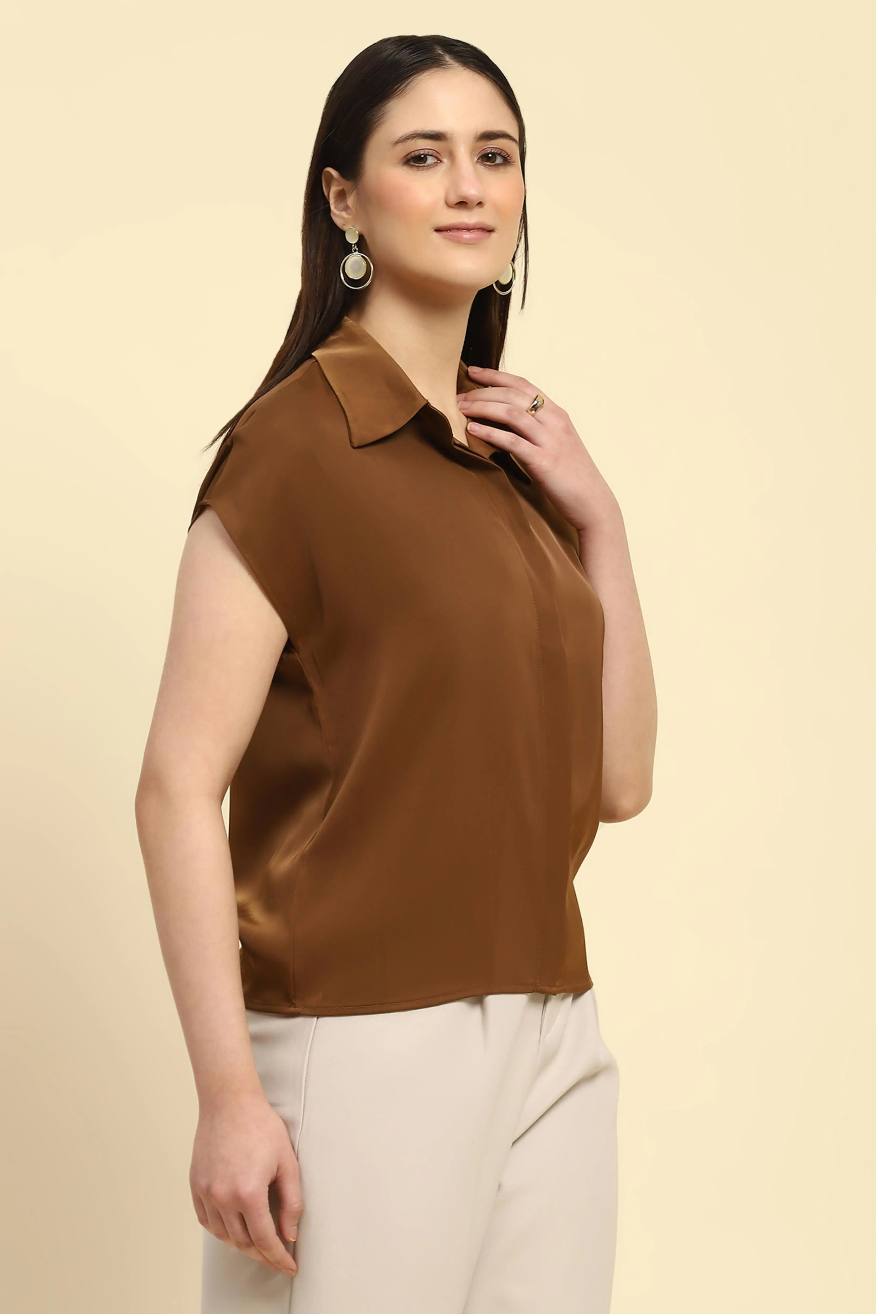 Brown Solid Satin Loose Fit Formal Shirt - Global Republic