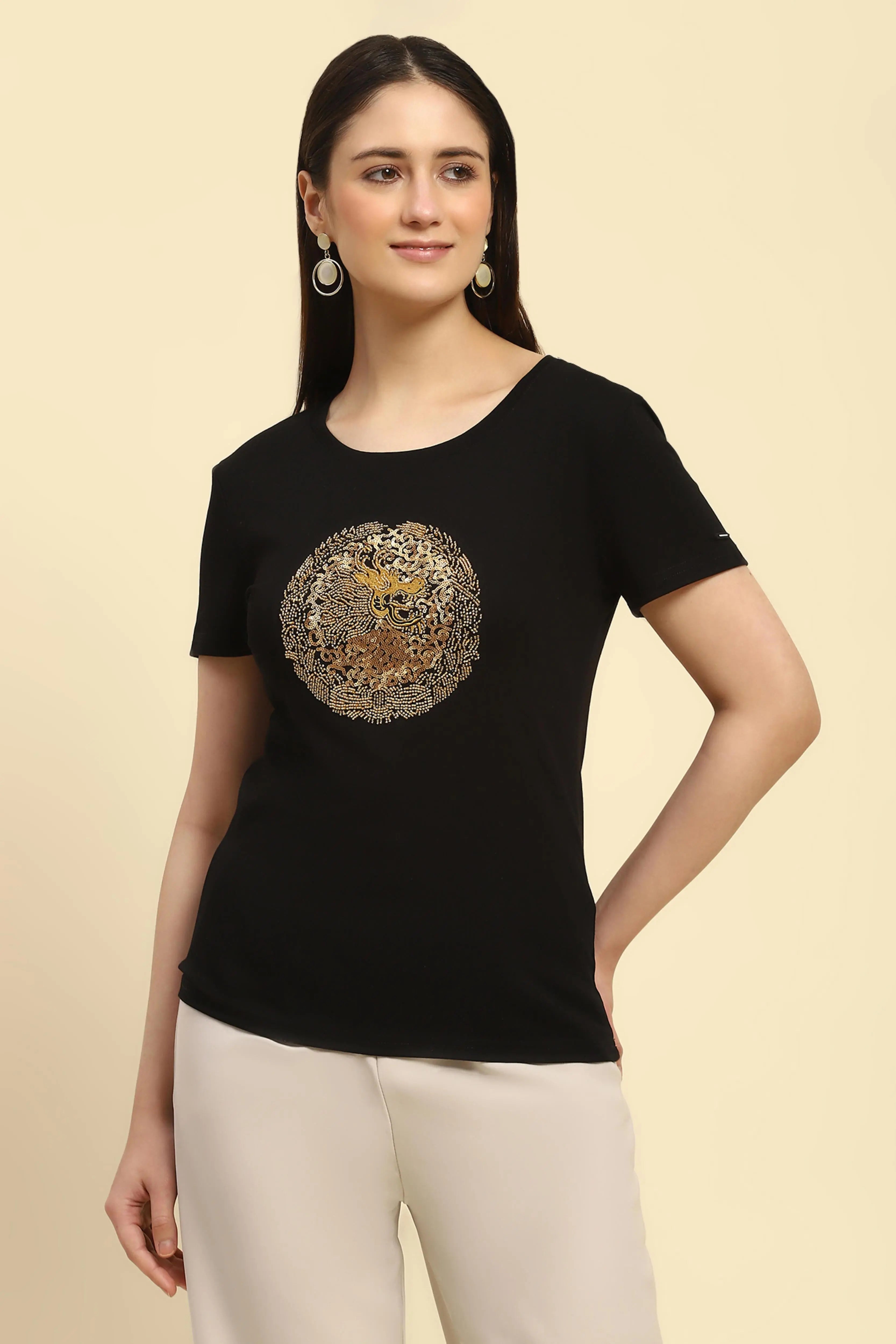 Black Embellished Cotton Top - Global Republic