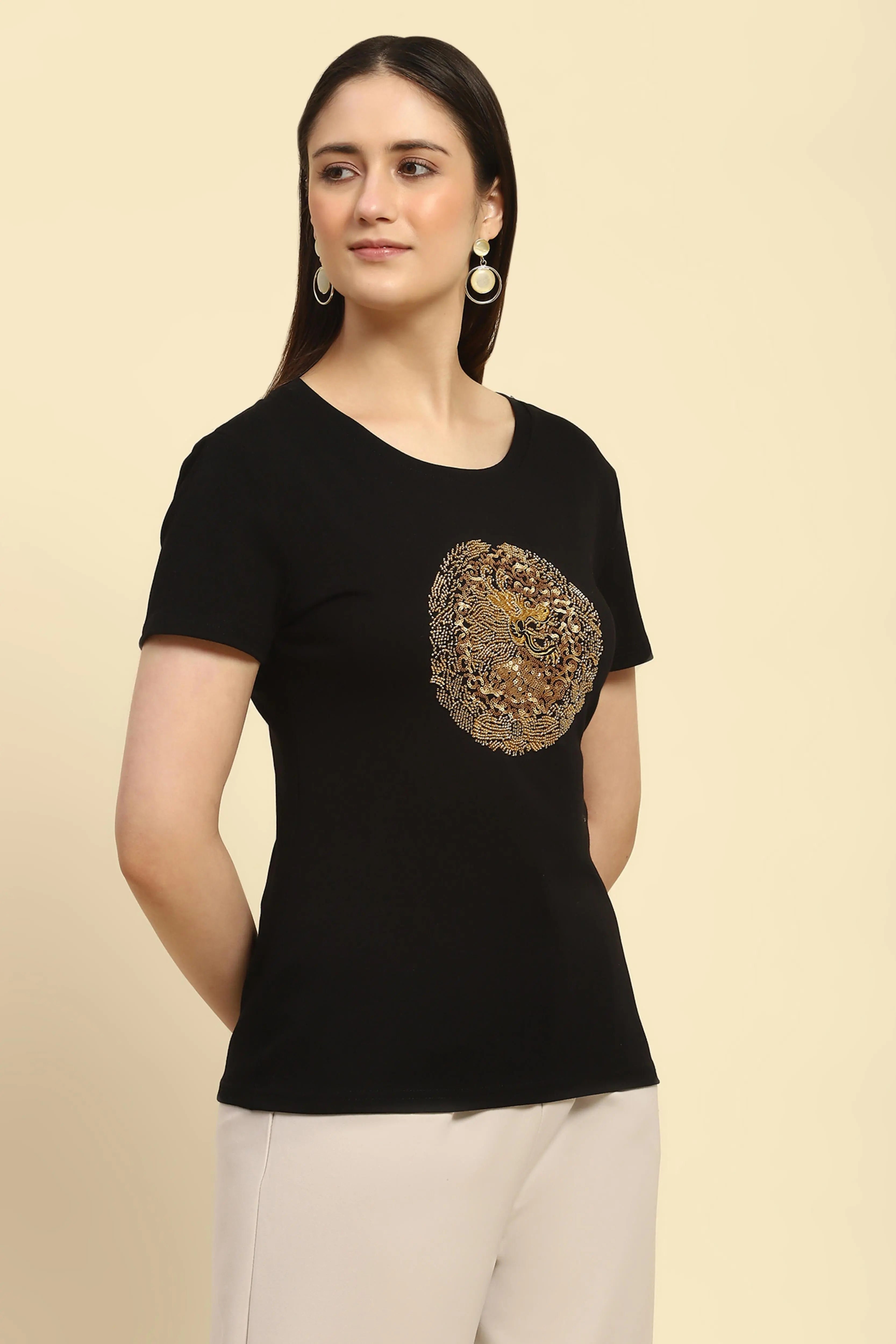 Black Embellished Cotton Top - Global Republic