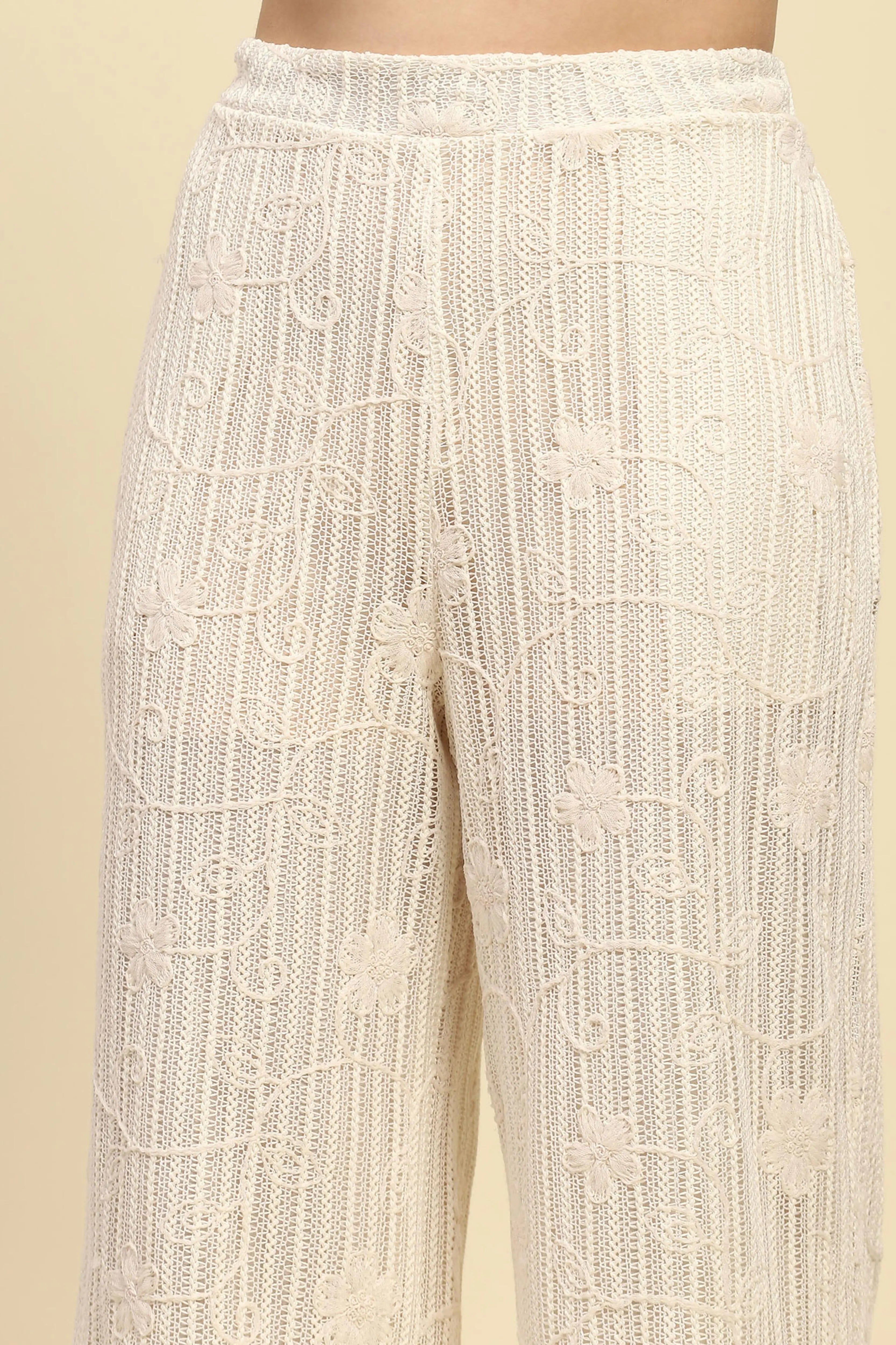Cream Embroidered Cotton Relaxed Lower - Global Republic