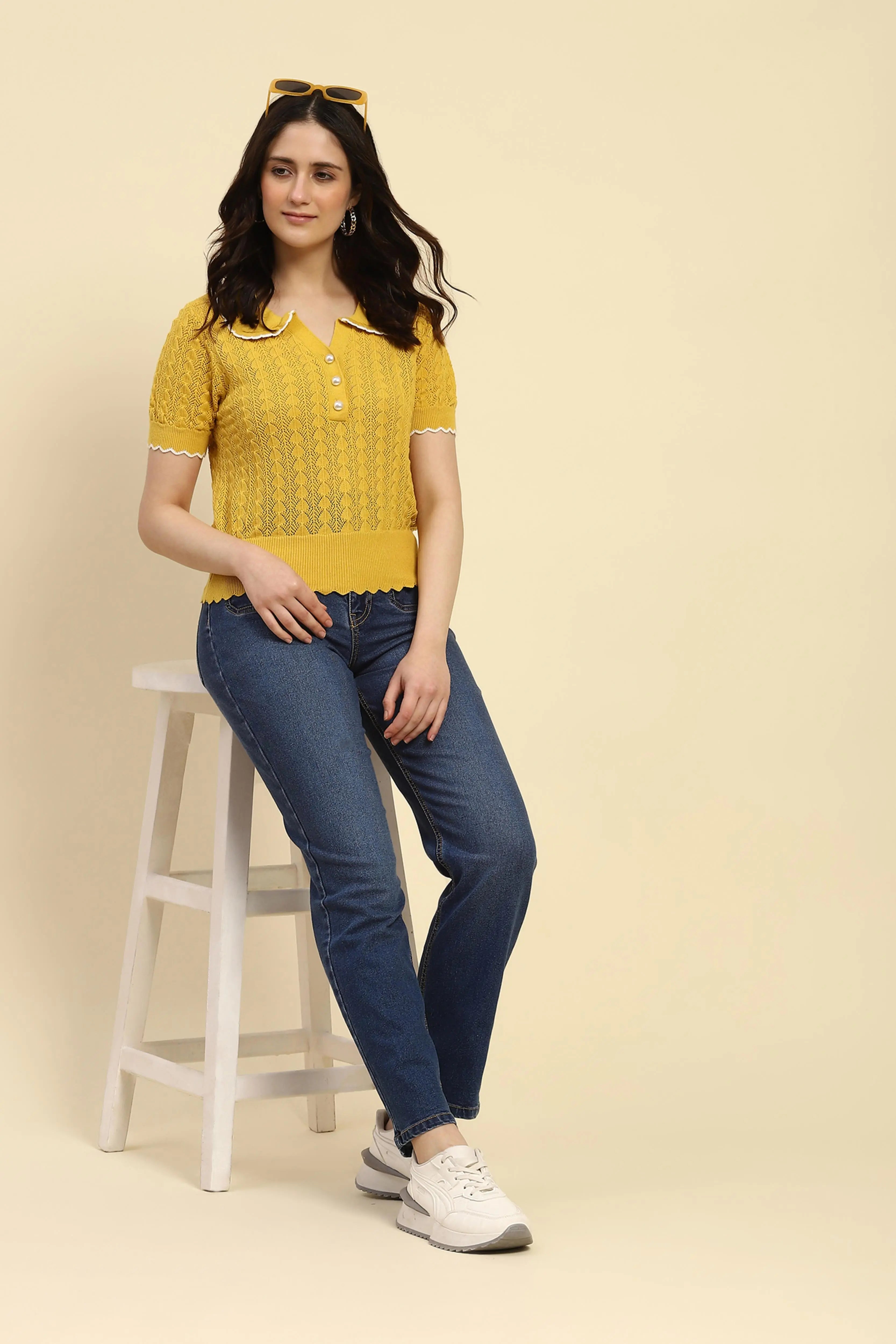 Yellow Cotton Blend Crop Top - Global Republic